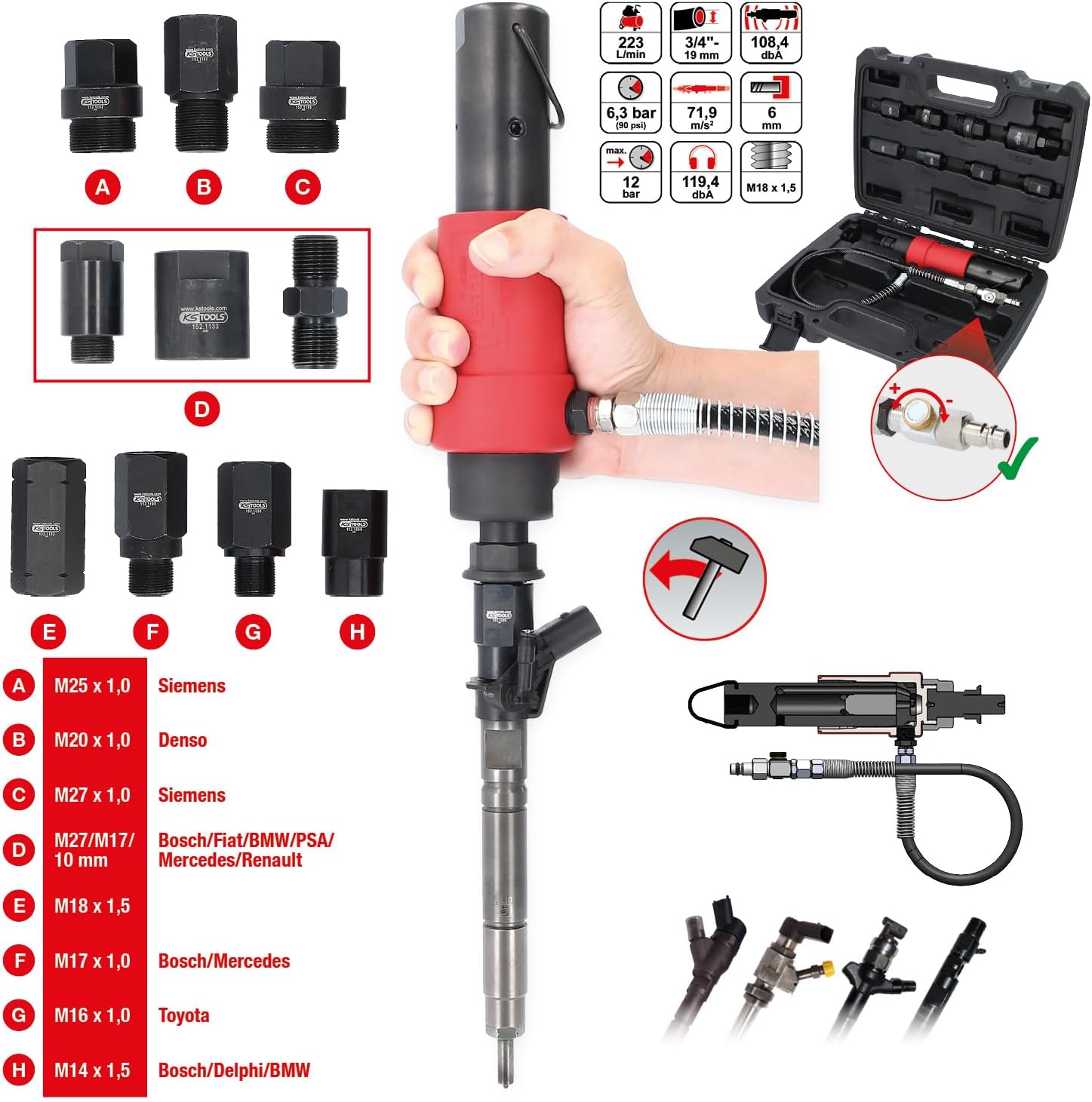 KS Tools 152.1130 Compressed Air Injector Extractor Set, 9 Pieces