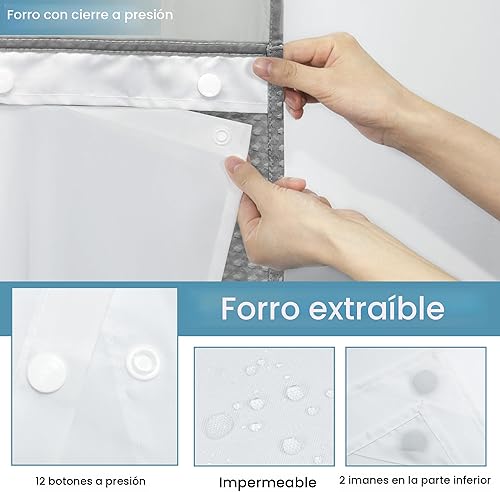 Miniatura 5 de Cortina de ducha larga sin gancho con forro a presión, 230 GSM, tejido de punto gofre, 71 pulgadas de ancho x 74 pulgadas de alto, gris
