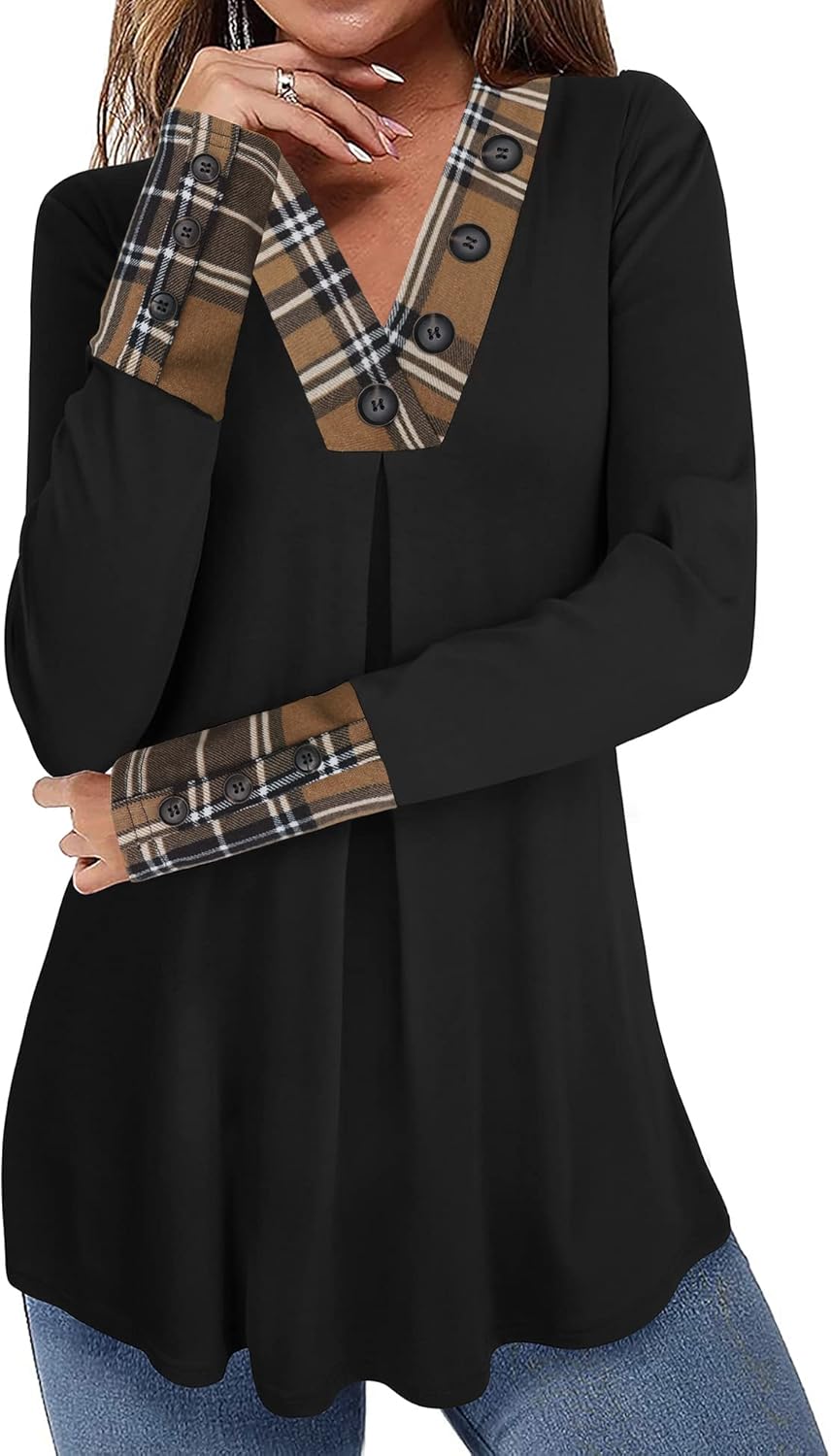 Messic Women's Long Sleeve Button V Neck Flowy Pleated Shirts Casual Tunic Tops Blouse - Image 2