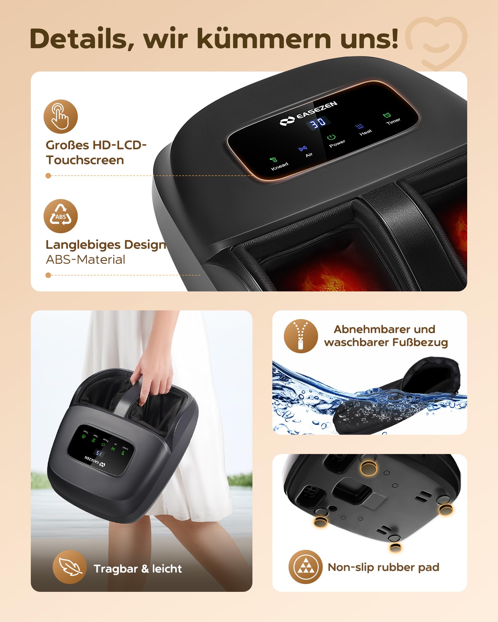 EaseZen Fußmassagegerät, Fussmassagegerät Fernbedienung & LCD, bis Gr. 48 | Shiatsu Fußmassagegerät Vollfuß-Wärme 3 Stufen 3 Knet-/Luftdruckstufen Kunststoffgehäuse, schwarz, bis EU 48