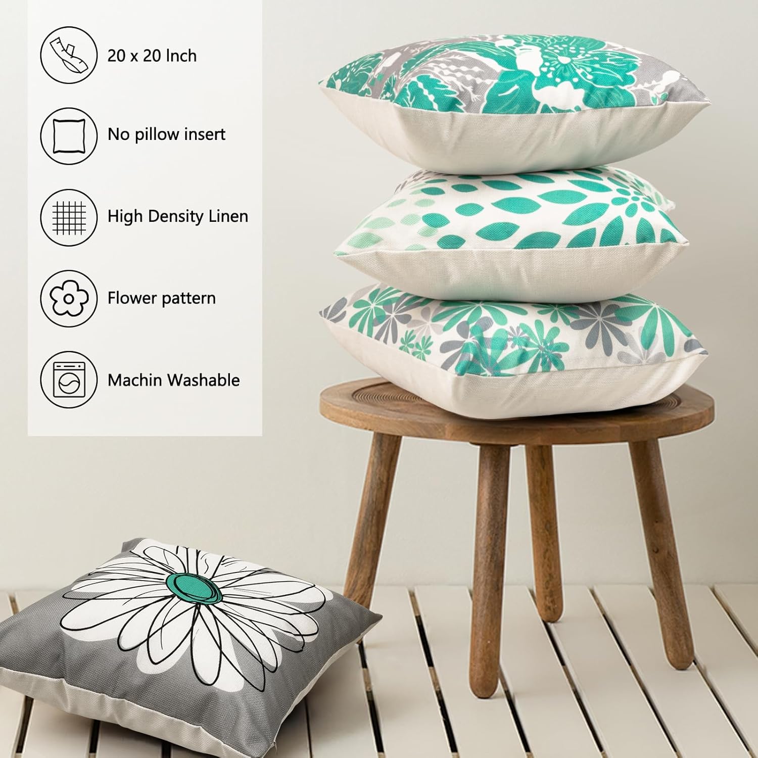 Baidast Teal Decorative Throw Pillow Covers 20x20 Set of 4, Teal and Grey Modern Daisy Floral Pillows Linen Pillow Covers for Couch Sofa Living Room
