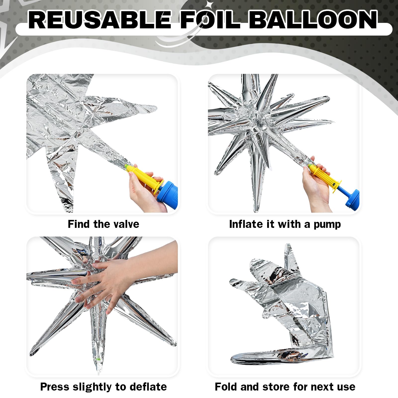 HILAVO Stern Ballons Schwarz Silber, 6 Stück 22 Zoll Groß HILAVO Stern Folienballons Foil Explodieren Stern Luftballons für Hochzeit Geburtstag Graduierung Silvester Party Deko