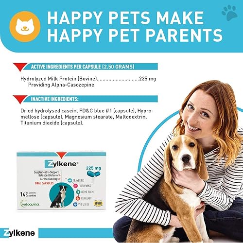 Miniatura 3 de Vetoquinol Zylkene - Suplementos calmantes para perros medianos de 23 a 65 libras, ayuda a aliviar la ansiedad del perro y la ansiedad del gato, sin
