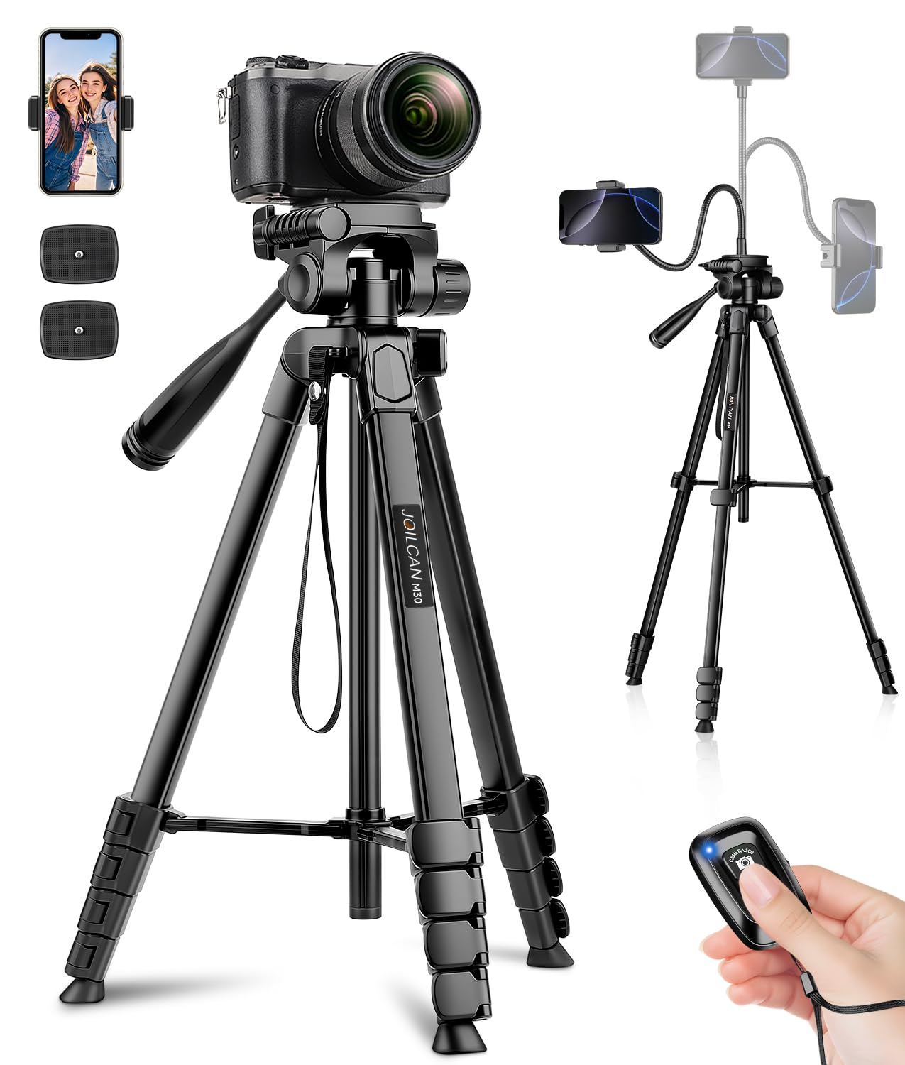 JOILCAN 206cm Stativ Kamera mit 35cm Schwanenhals, Handy Stativ mit Fernauslöser & Handyhalterung für Smartphone, Aluminium Dreibein Sative für DSLR Canon Nikon, Leichtes Reisestativ Kamera Tripod