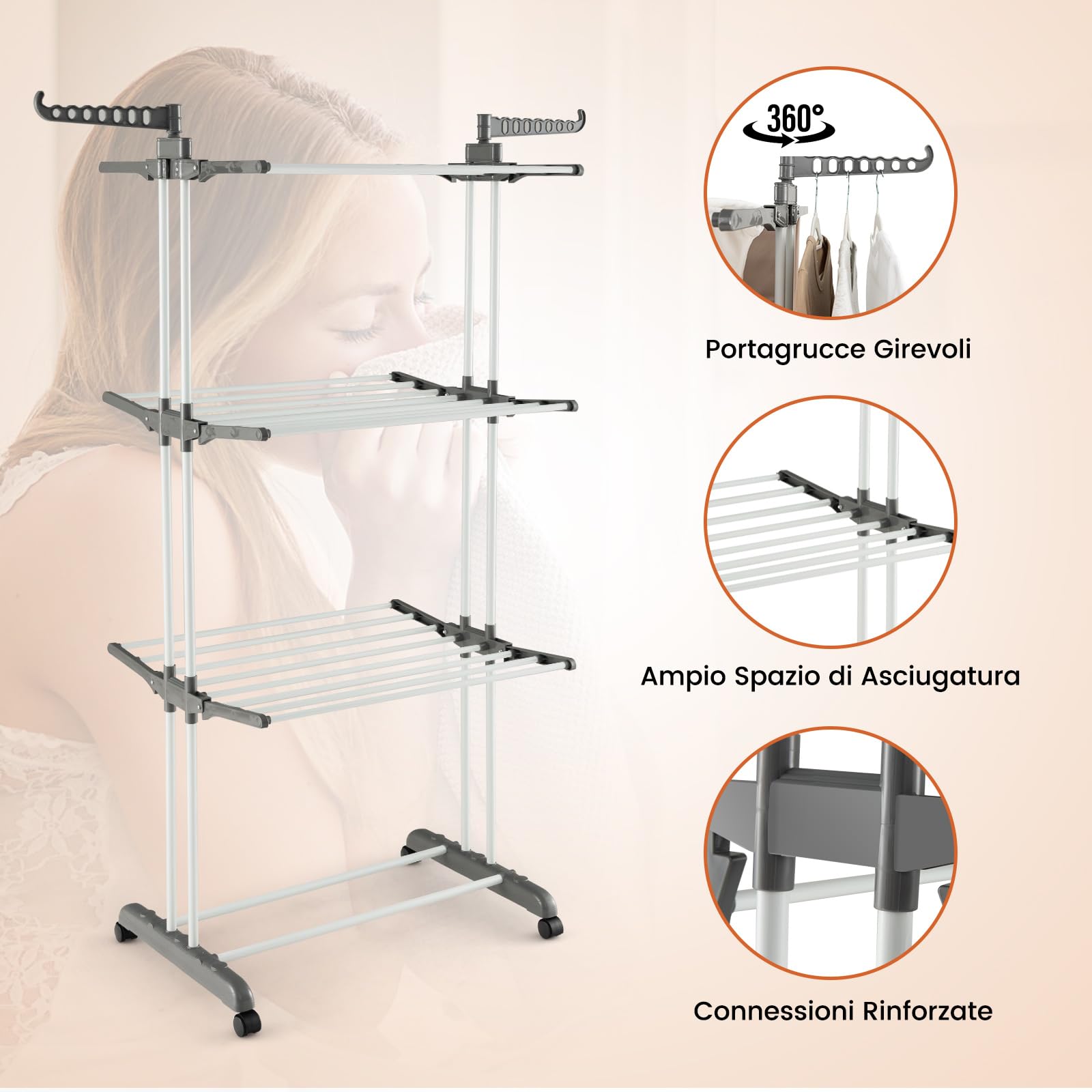 COSTWAY Stendibiancheria a Torre, Stendibiancheria Verticale Salvaspazio con Supporti per Grucce Girevoli e Piani Pieghevoli, Stendino Pieghevole con Ruote, 127x63x171cm (Grigio)