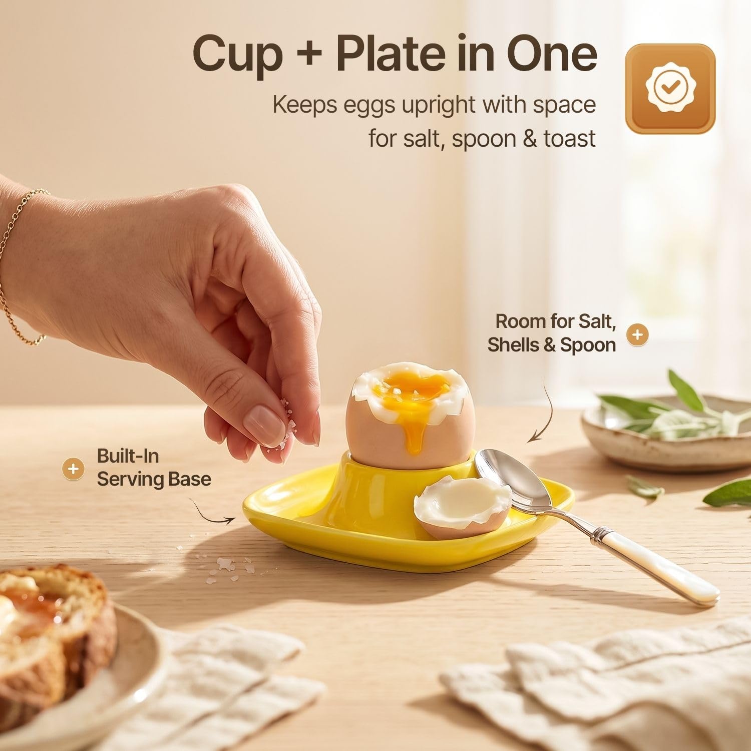 Flexzion Coquetiers pour œufs à la coque - Lot de 6 en céramique - Coquetiers empilables avec socle pour service, petit-déjeuner, brunch - Décor de table, Jaune