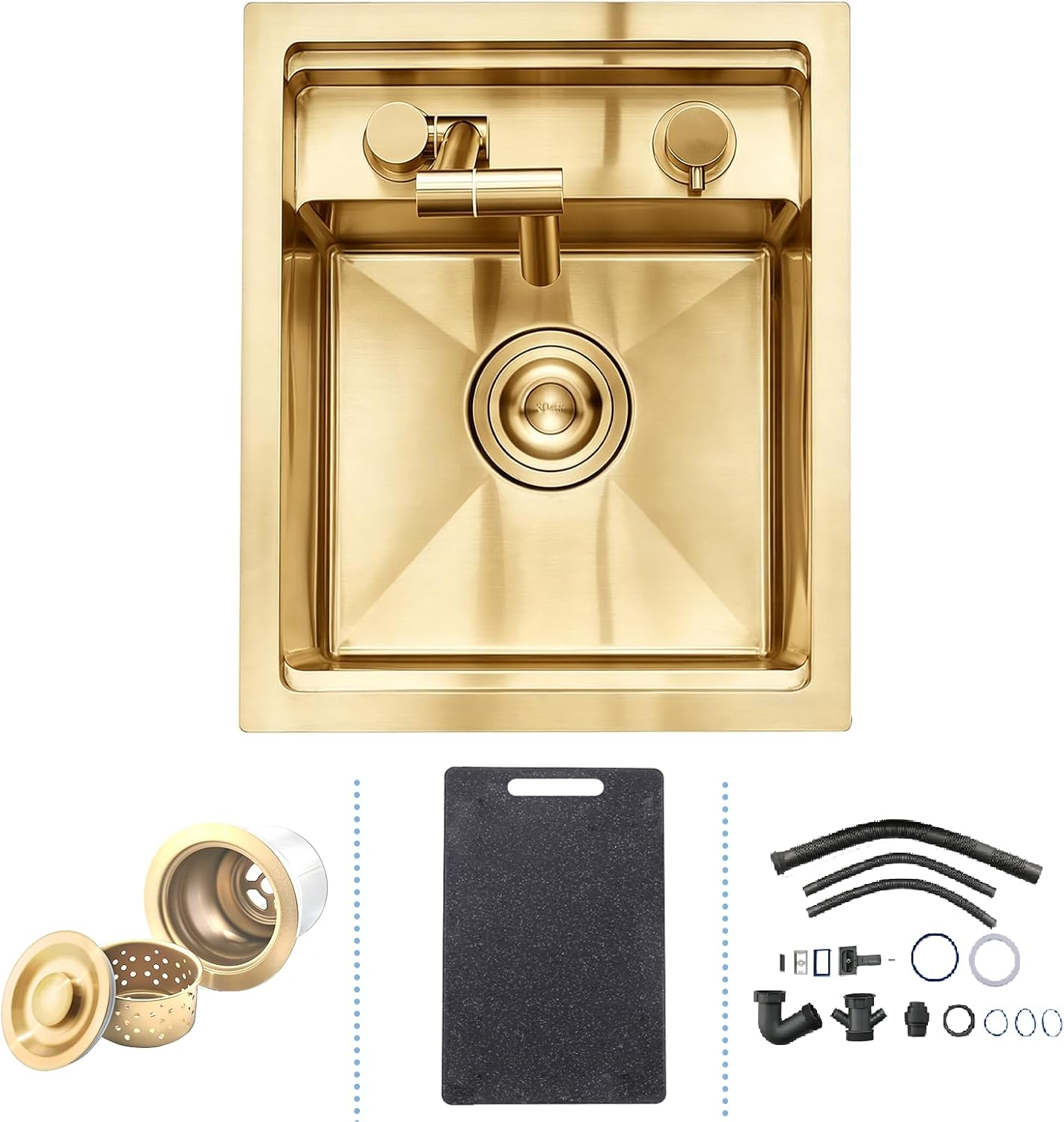 Gold Hidden Kitchen Bar Sink with Folding Tap 35 x 45 cm Gold Small Stainless Steel Kitchen Sink Built-in Sink with Cutting Board Strainer Basket Overflow Set