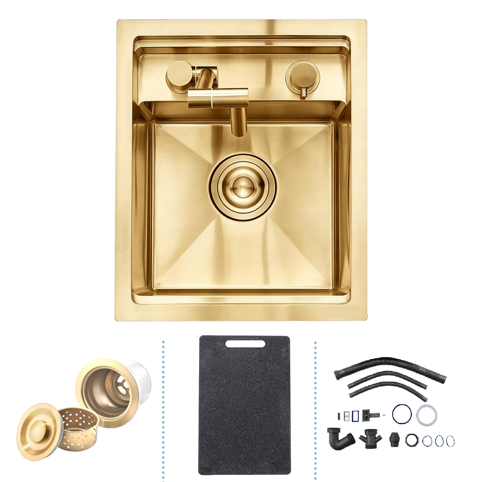 Gold Bar Sink, Undermount 35 x 45 cm Gold Bar Hidden Concealed Kitchen Sink with Folding Faucet, Small Prep 16 Gauge Stainless Steel Single Bowl, Small Rv Single Bowl with Overflow, Chopping Board