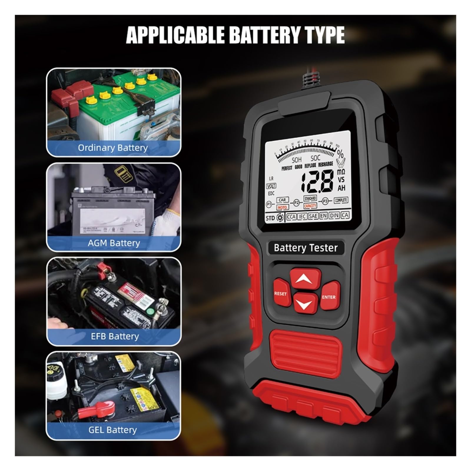 Comprobador de baterias, Probador de batería de coche de 12 V y 24 V, analizador de batería LCD, herienta de prueba, escáner, analizador digital de diagnóstico for coche, camión y motocicleta.