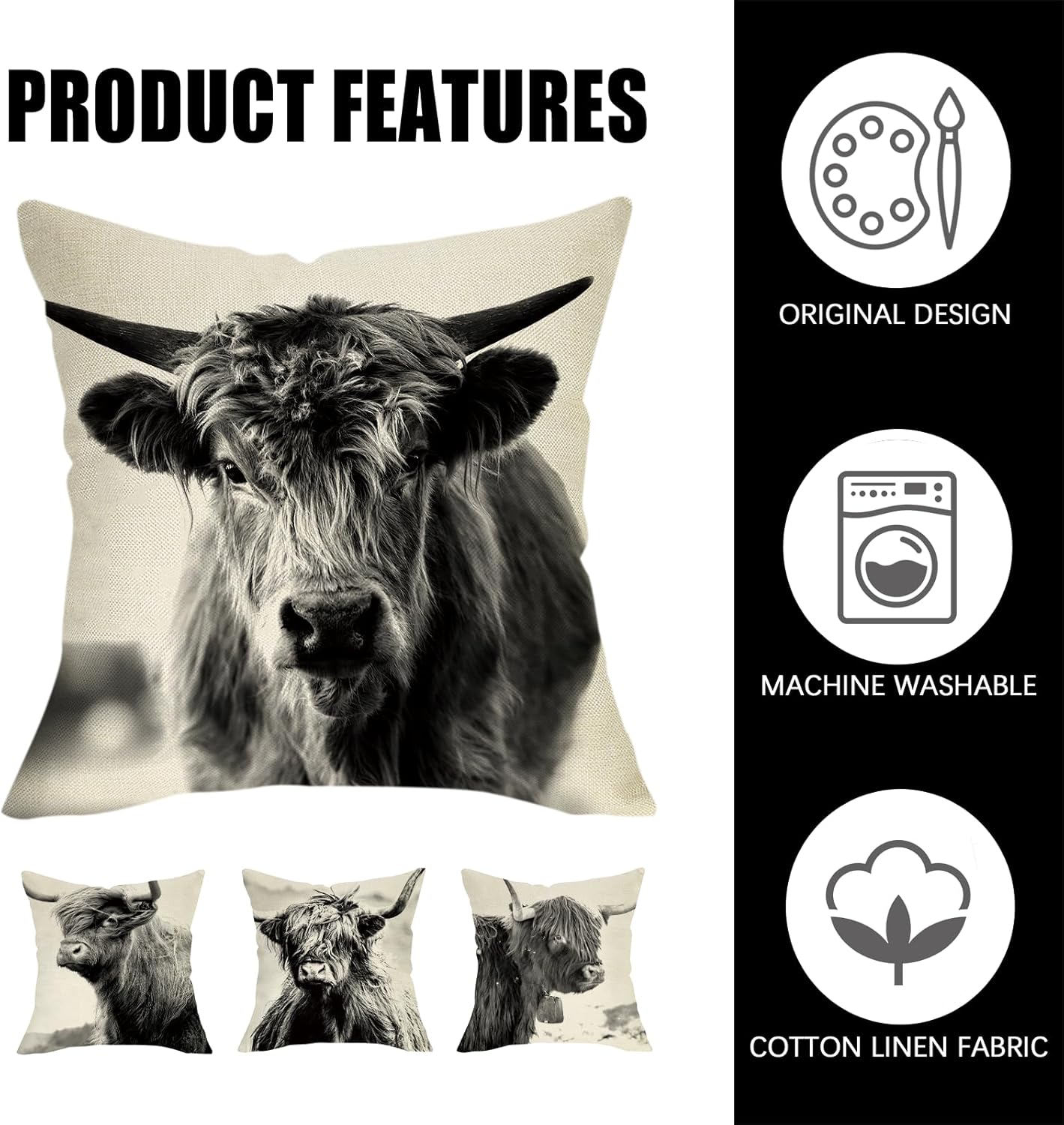 Fahrendom Farmhouse Highland Cow Decorative Throw Pillow Covers 18 x 18 Set of 4, Black White Vintage Farm Animal Porch Patio Outdoor Pillowcase, Rustic Sofa Couch Cushion Case Home Decor