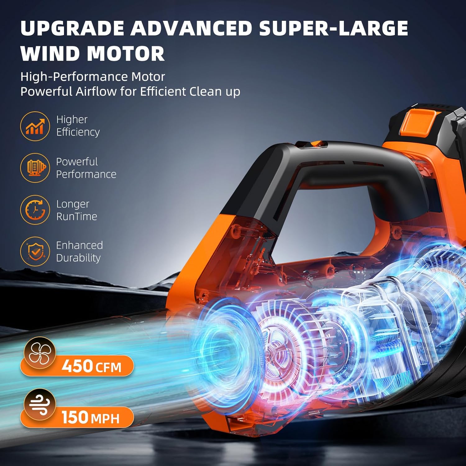 2026 Upgrade Leaf Blower,Leaf Blower Cordless with 2 * 2.6AH Batteries and Fast Charger, 450CFM &150MPH and 2 Speed Mode, Lightweight Electric Leaf Blowers for Lawn,Yard, Leaves, Dust Care (Orange) - Image 2