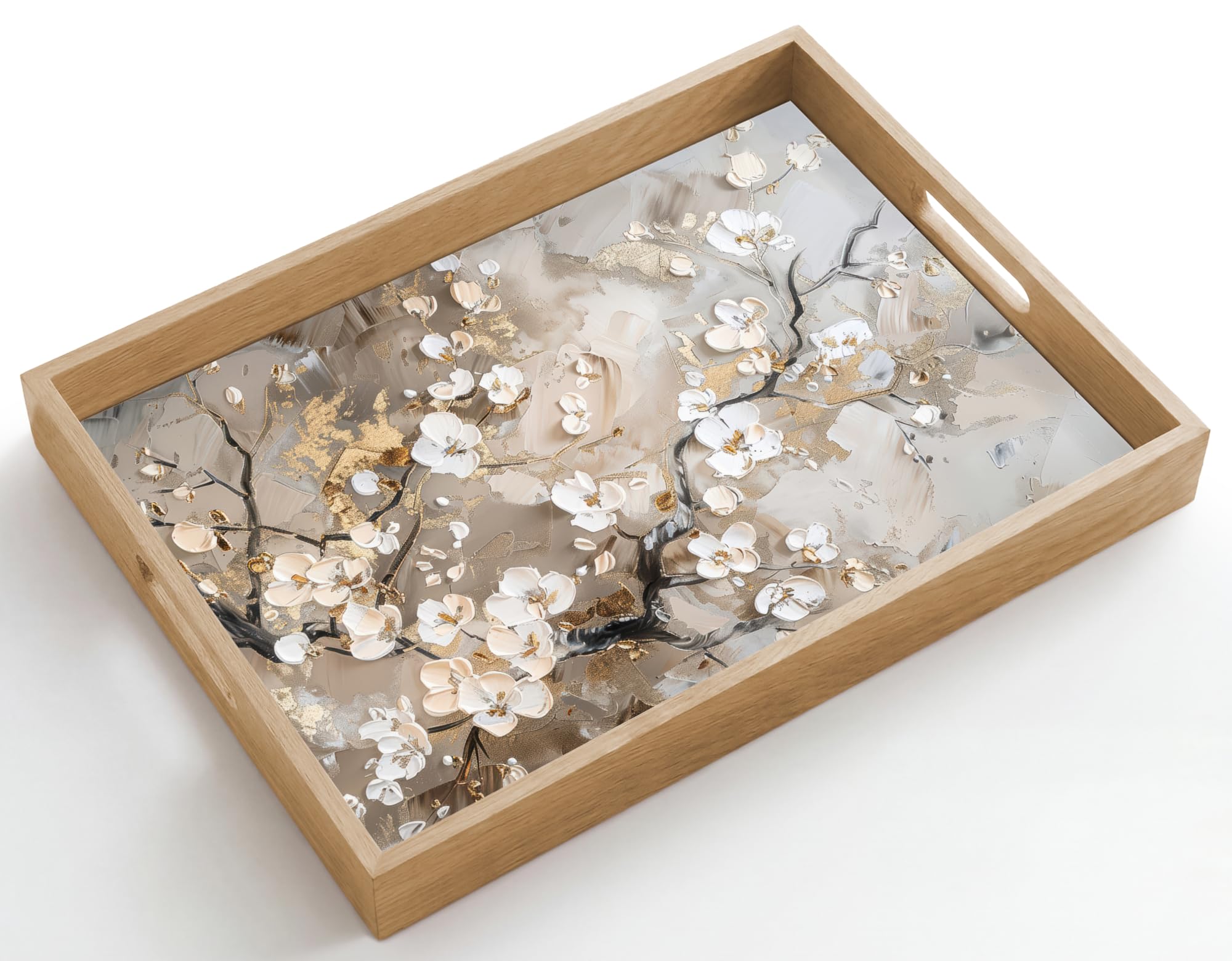Serviertablett Rechteckig 50x35 cm Servierplatte Eiche Holz Tablett Mit Henkel Tray Kratzfest Kaffeetablett Tabletts Teetablett Blumen - Weiß - Gold - Beige - Luxus
