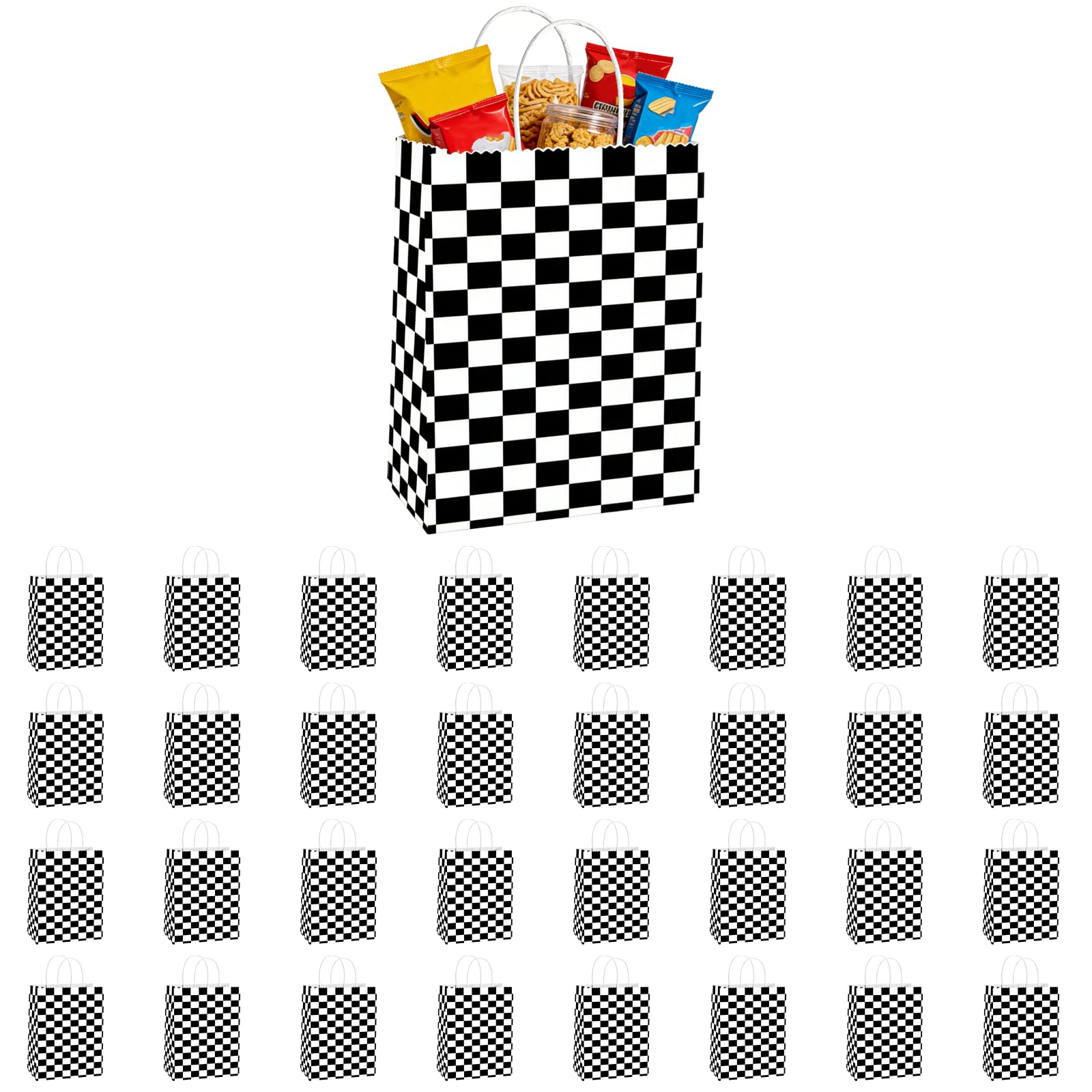 Lot de 32 sacs cadeaux à damier, sacs en papier noir et blanc avec poignées, 22 x 16 x 8 cm, pour fêtes voitures de course, anniversaires, mariages, bonbons, friandises et petits cadeaux