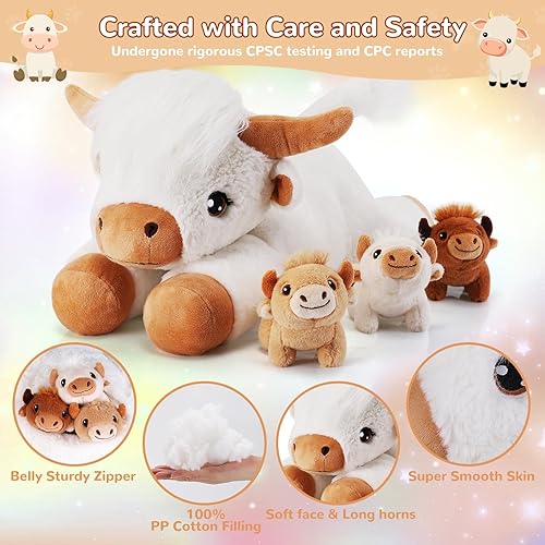 Miniatura 4 de 4 piezas de animales de peluche de vaca de las tierras altas, 1 vaca de peluche para mamá con 3 bebés, regalos de vaca blanca para niñas de 3 a 8