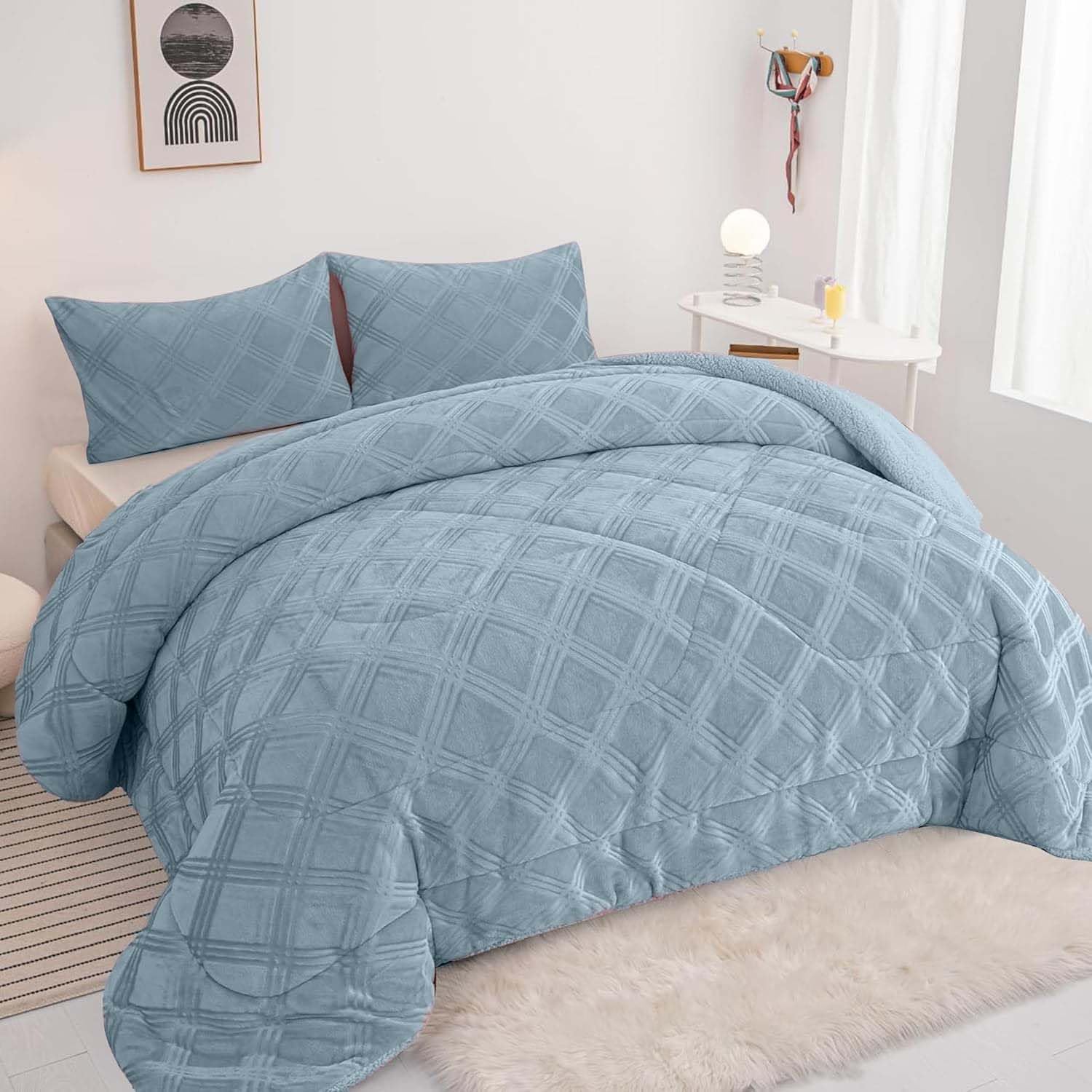 BESCH Edredón Invierno Borreguillo Nórdico 240x260cm para Cama 135/150 con 2 Funda Almohada | Edredón Borrego Sherpa Extra Suave, Cálido, Gruesa | Cuadro Azul