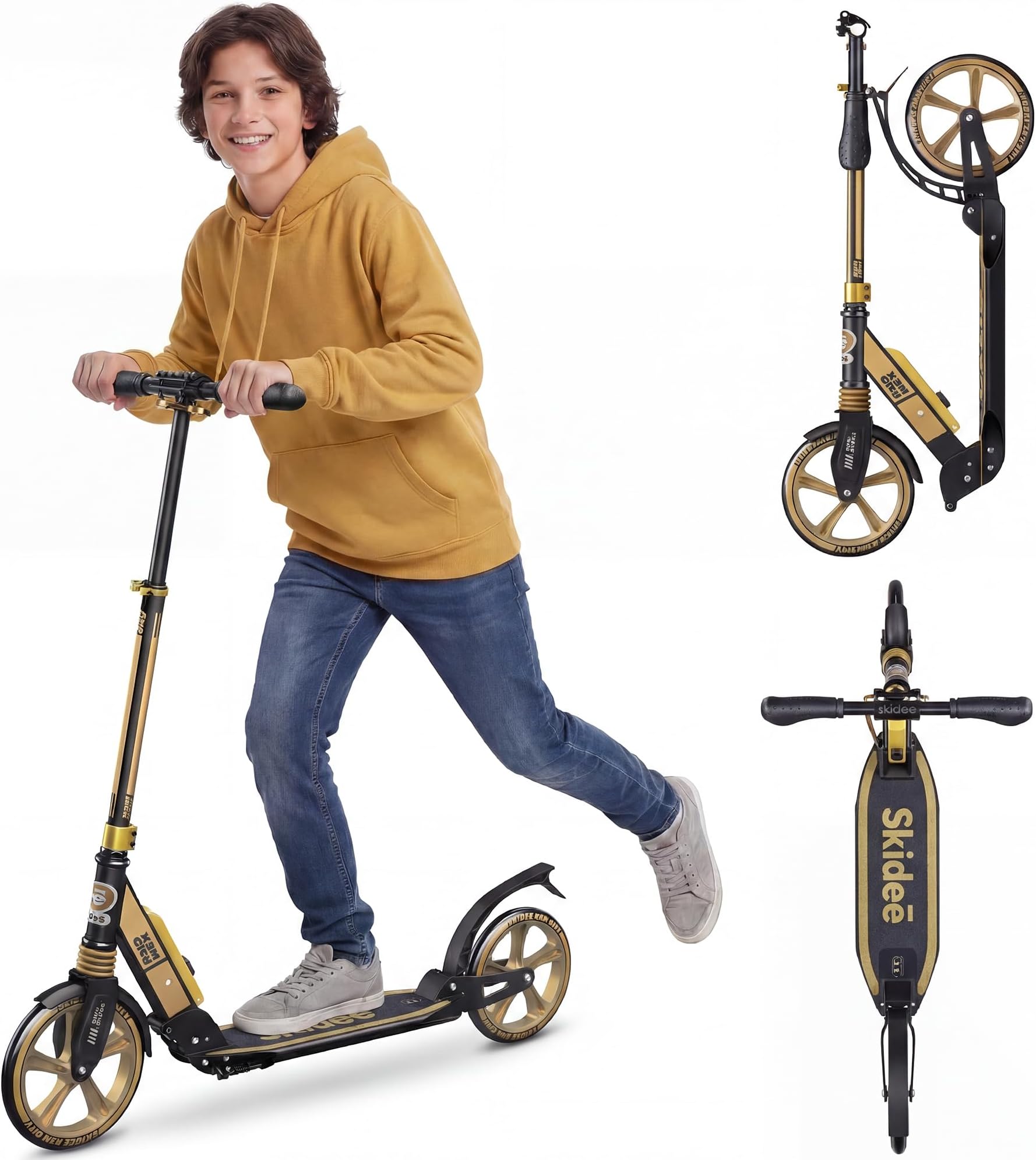 Skidee Adult & Teen Scooter Adjustable Height, Folding, Large Wheels, Lightweight, Durable, Anti-Shock Suspension, Up to 220 lbs