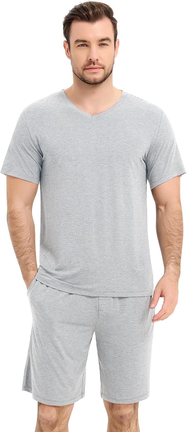 NACHILA Pajamas for Men Pj Short Sleeve Sleepwear with Shorts V Neck Loungewear Cool Pajama,Viscose Made from Bamboo