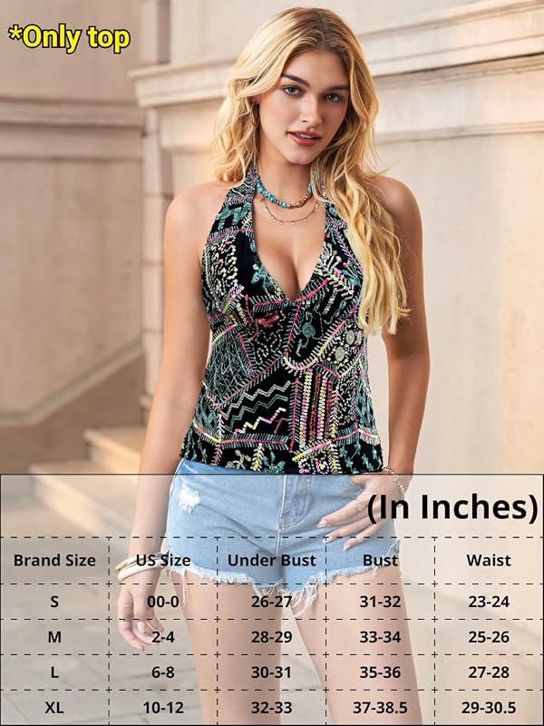 ChiaoLezhee Sequin Tank Top for Women, V Neck Halter Backless, Club Concert Festival, Sexy Beaded Tops Going Out Sparkly Glitter New Years Eve Rave Outfits Sleeveless, Black, Large by ChiaoLezhee - Image 7