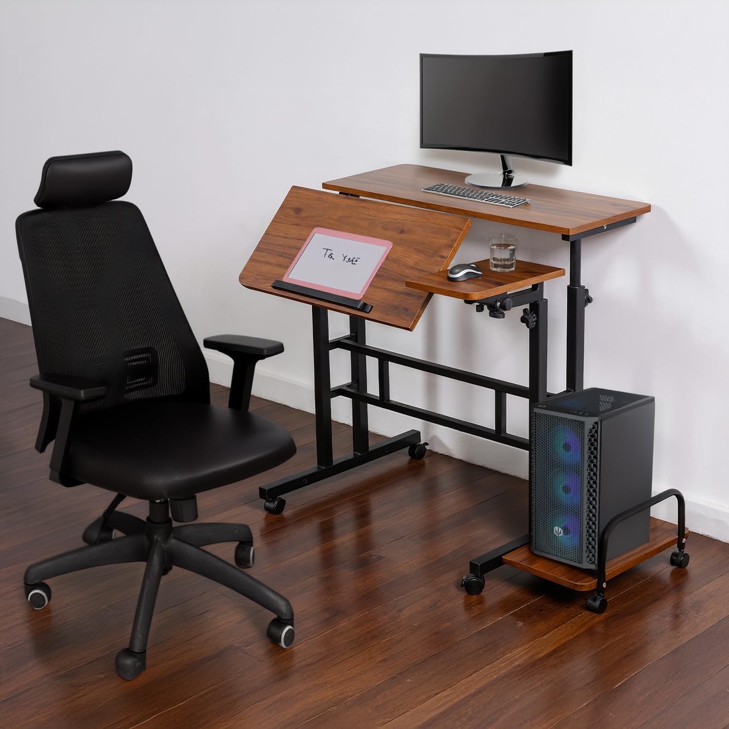 Scrivania mobile regolabile Maclean MC-124 con ruote, piano inclinabile 80x60 cm, altezza regolabile 67-115 cm, capacità di 50 kg, vassoio laterale dal design ergonomico, casa, ufficio, studio (Nero)
