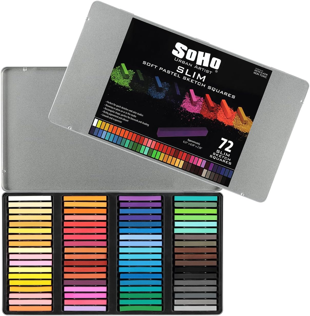 Soho Urban Artist Set of 72 Soft Slim Pastel Sketch Squares - Richly Pigmented, Vibrant Color Soft Pastels for Artists Professional Pastel Artwork Studies and Sketching, Assorted Chalk Pastels