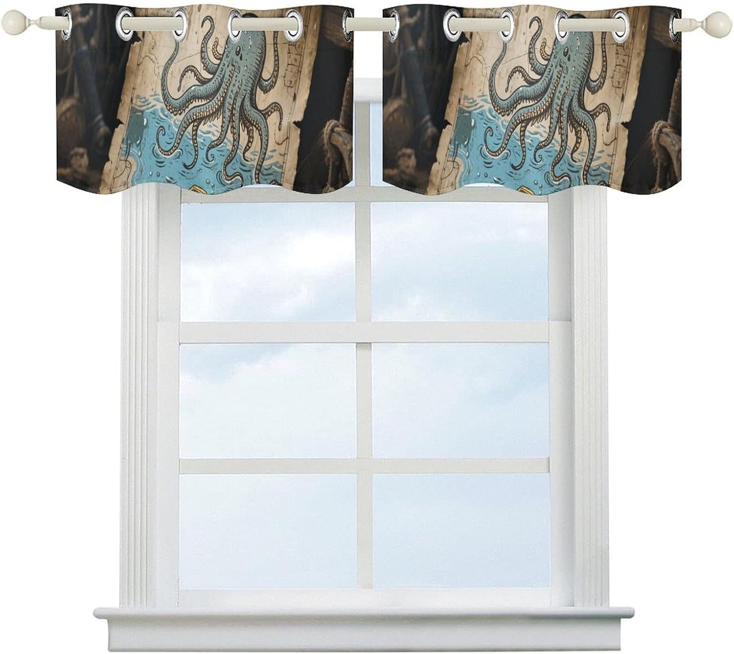 Pirate Map Valance for Windows, 2 Pack Kitchen Curtains Modern Home Decor, Soft Blackout Window Curtains for Living Room & Bedroom, 18 X 52 Inch