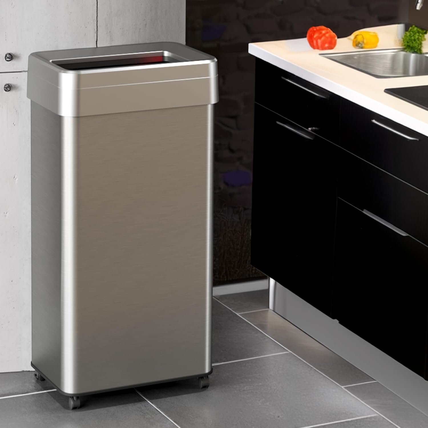 iTouchless 21 Gallon Open Top Kitchen Trash Can Recycling Bin with Wheels and Double Odor Filters Rectangular Commercial Stainless Steel 80 Liter Trashcan Home Office Work Bedroom Livingroom Garage