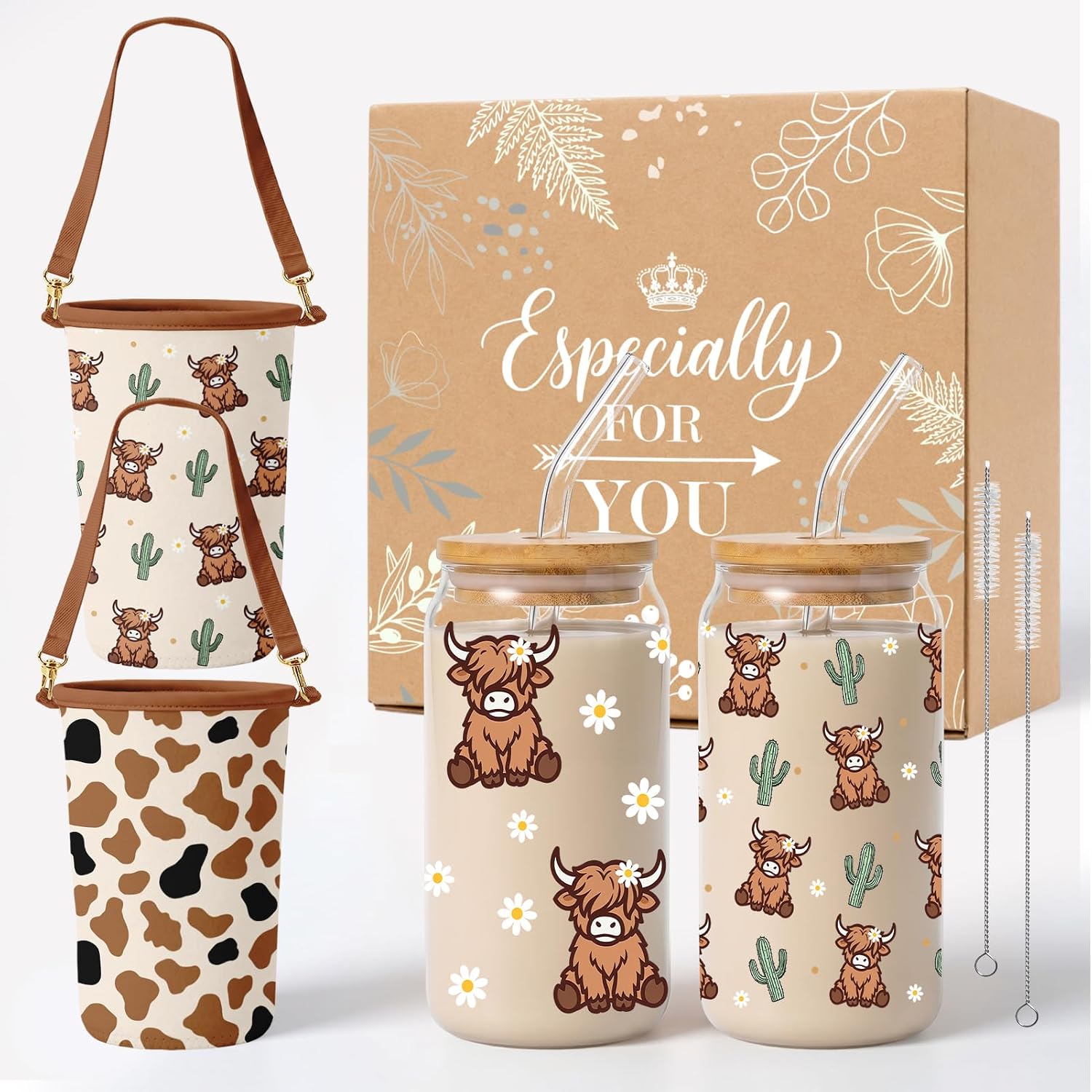 5 Pack Highland Cow Gift For Women, Glass Cup with Lids and Straws