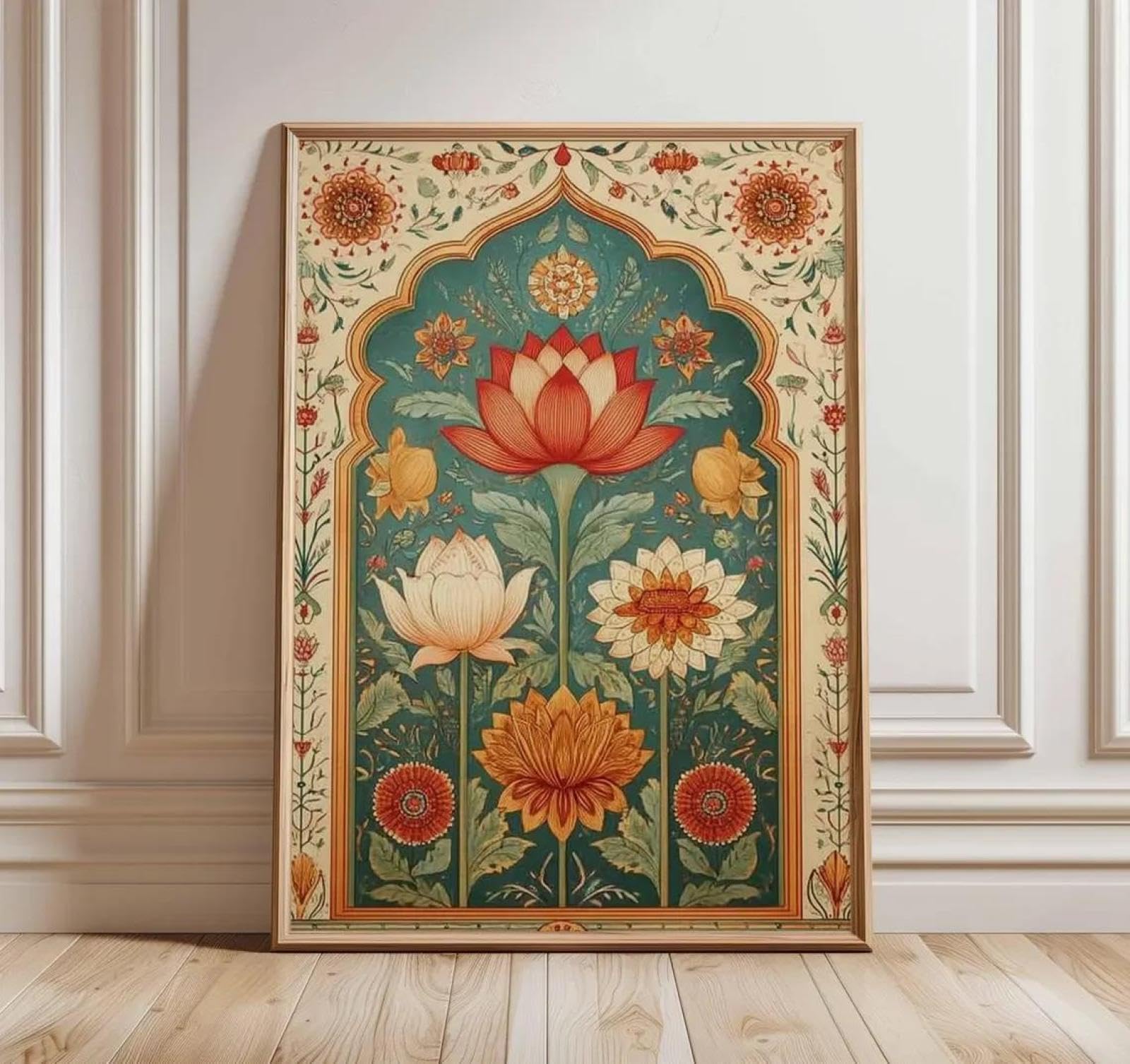 Baibexing Lotus Flower Vintage Mandala Canvas Painting Wall Art Poster, Indian Botanical Print, Traditional Floral Illustration, Boho Home Decor A1 30X40Cm Unframed