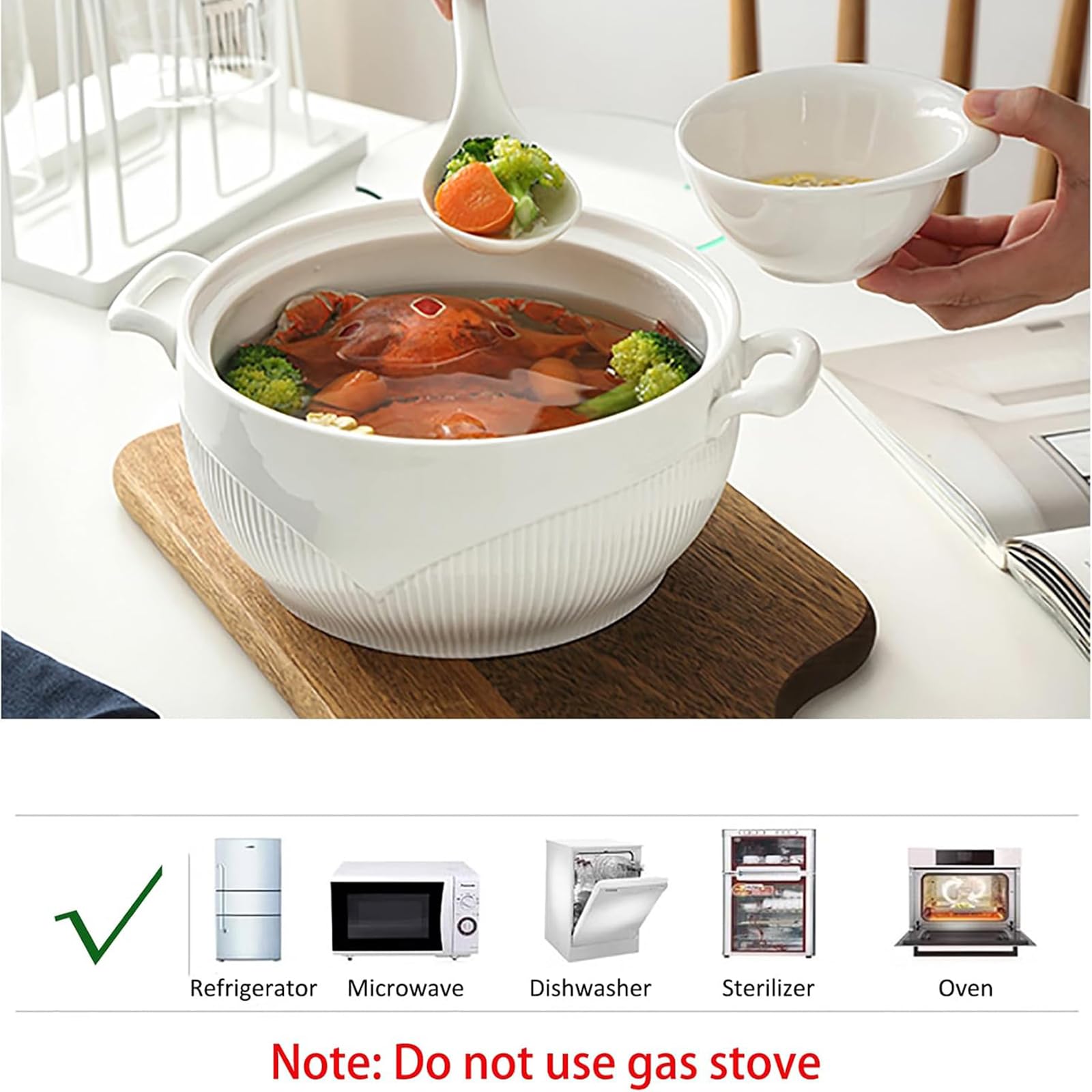 Porzellan Suppe Schüssel Suppe Tureen mit Glasdeckel und Löffel für Küche Tisch servieren (3L)