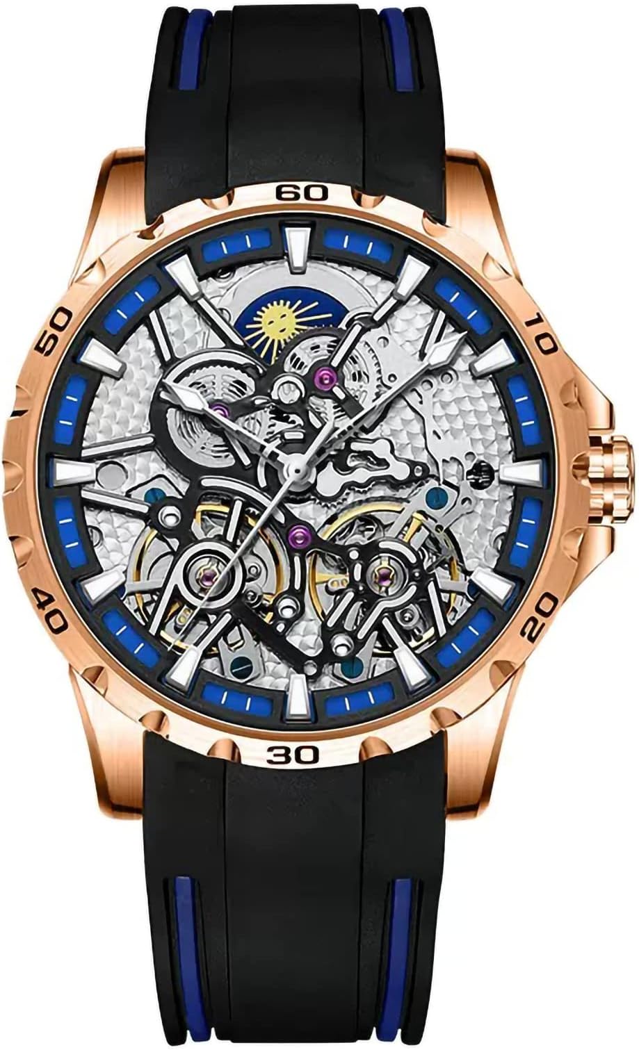 Men's Skeleton Watches Automatic Mechanical Watch with Dual Balance Wheels (Gold Blue)