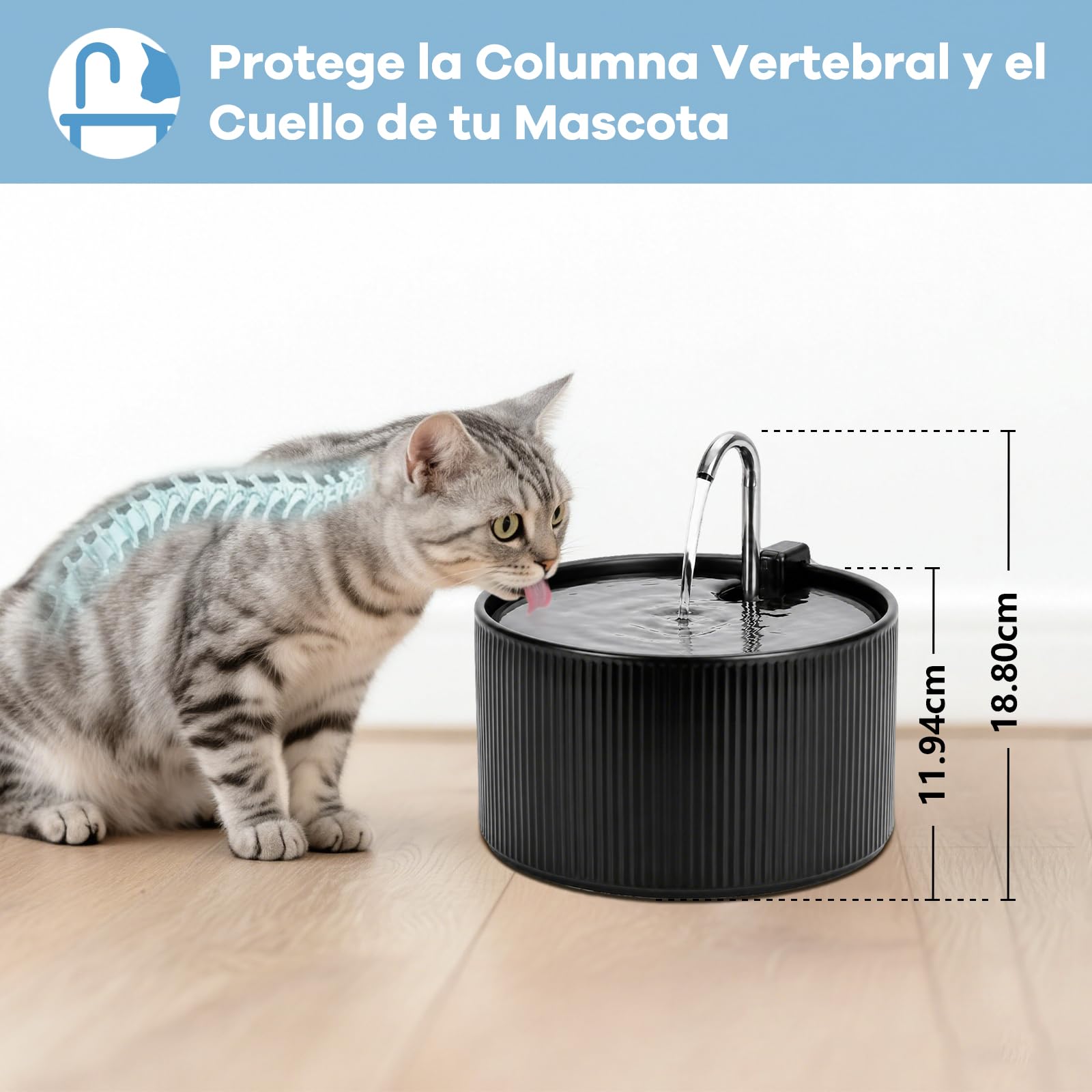 Fuente para gatos de cerámica, 2,2 L, para gatos, cerámica, dispensador de agua silencioso, dispensador automático de agua para mascotas, con sistema de filtro, color negro