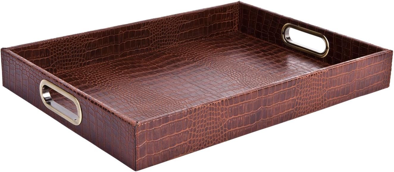 SIGNATURE HOME COLLECTION AP-147-A01-M Rectangular Tray Leather Crocodile Print with Brass Handles Can be Wiped Height 6 cm 45 x 33 cm Light Brown