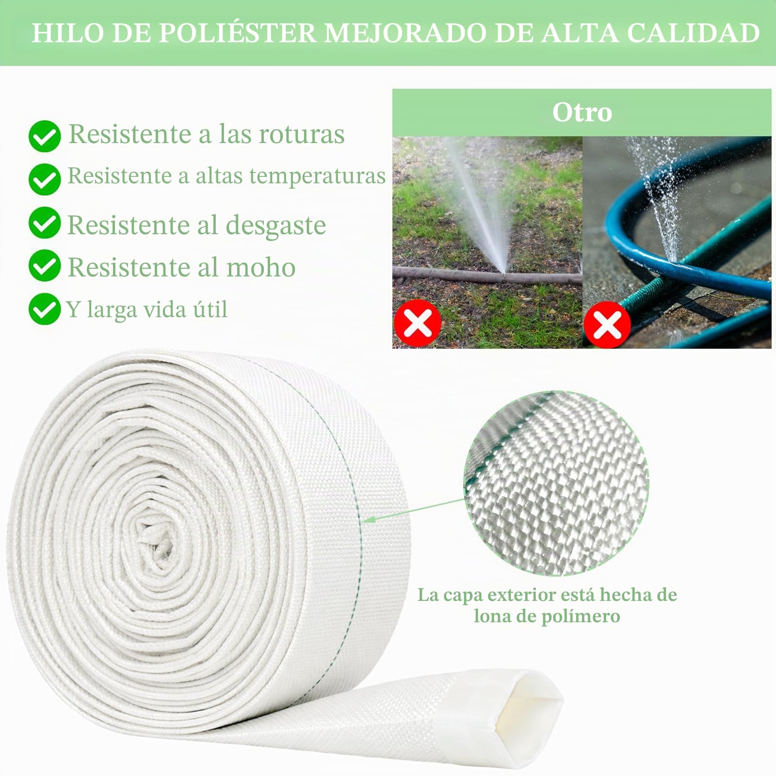 Manguera Plana de Descarga 32mm (1-1/4") x 10m, Manguera de Bomba con 2 Abrazaderas y Adaptador para Vaciado de Piscina, Bombas Sumergibles y Drenaje (Blanco)