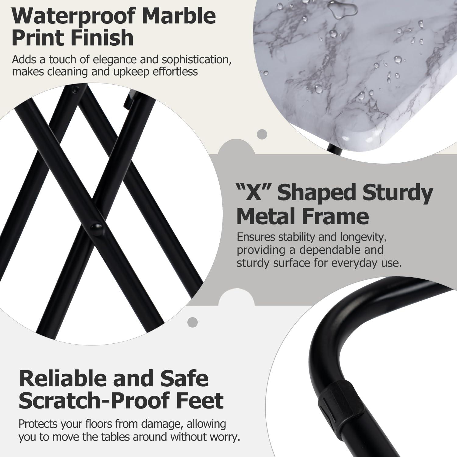 FurnitureR Folding TV Tray Tables, Foldable Side Table Dinner Trays, Marble Print Finish Snack Tables for Bed Couch Sofa, Stable Metal Frame, Space Saving, Set of 2, Marble White