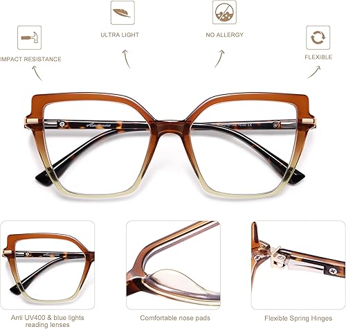 Miniatura 5 de AMOMOMA Lentes de lectura cuadrados con bloqueo de luz azul para mujeres y lectores con bisagra de resorte AM6082