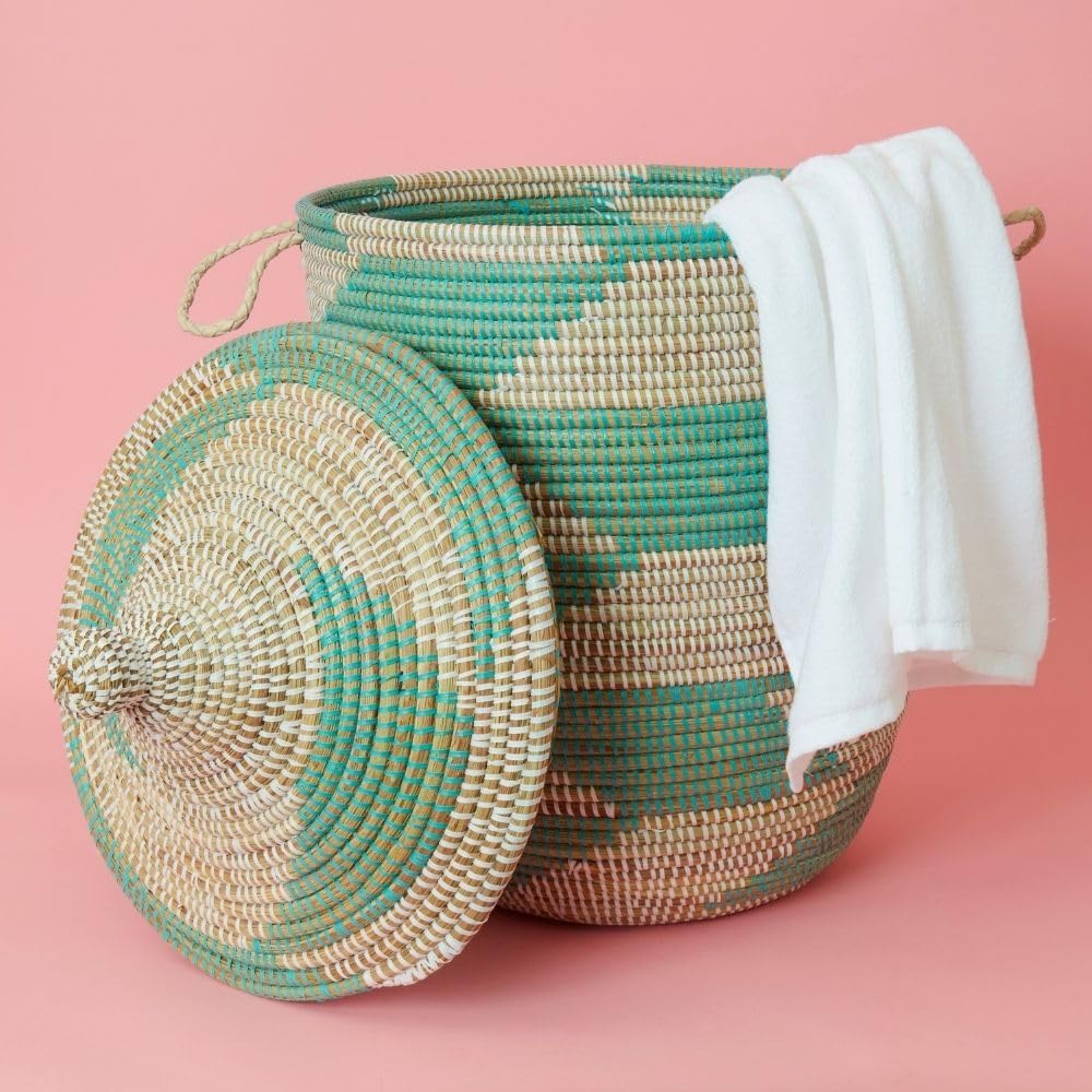 Storage and Organizing - Baskets, Hampers, Wicker, Woven, Round, Lid, Handles, Turquoise White, Medium