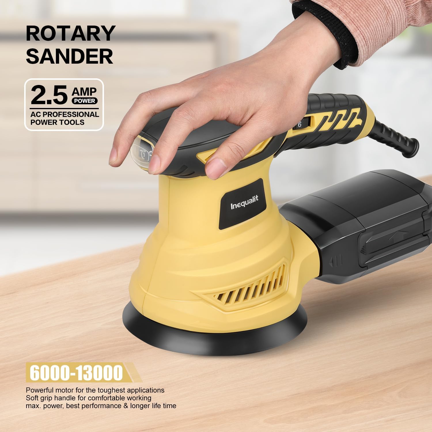 Random Orbital Sander, 2.5Amp 4.9-Inch Corded Palm Sander, Max 13000 OPM Electric Drywall Sander with 6 Variable Speed, 20Pcs Sandpapers and Dust Bag for Woodworking, Sanding, Polishing