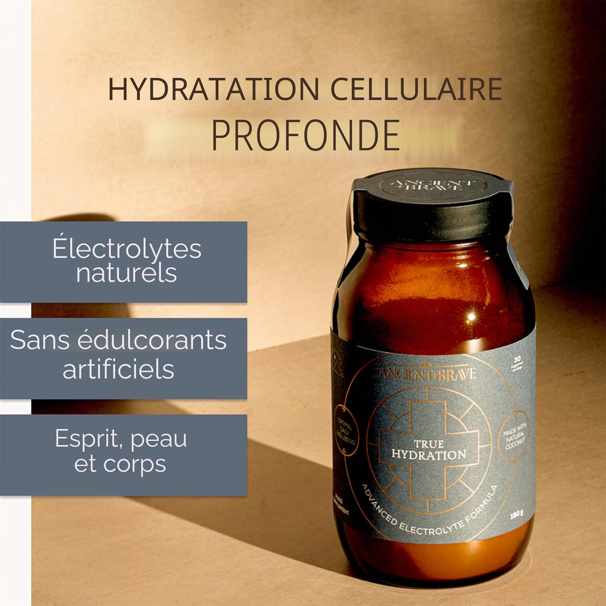Ancient + Brave - True Hydration - Pot de 180 g - Poudre d'Electrolyte pour Hydratation - Mélange de Magnésium Potassium, de Chrome et d'Eau de Noix de Coco pour la Récupération Après l'Entraînement