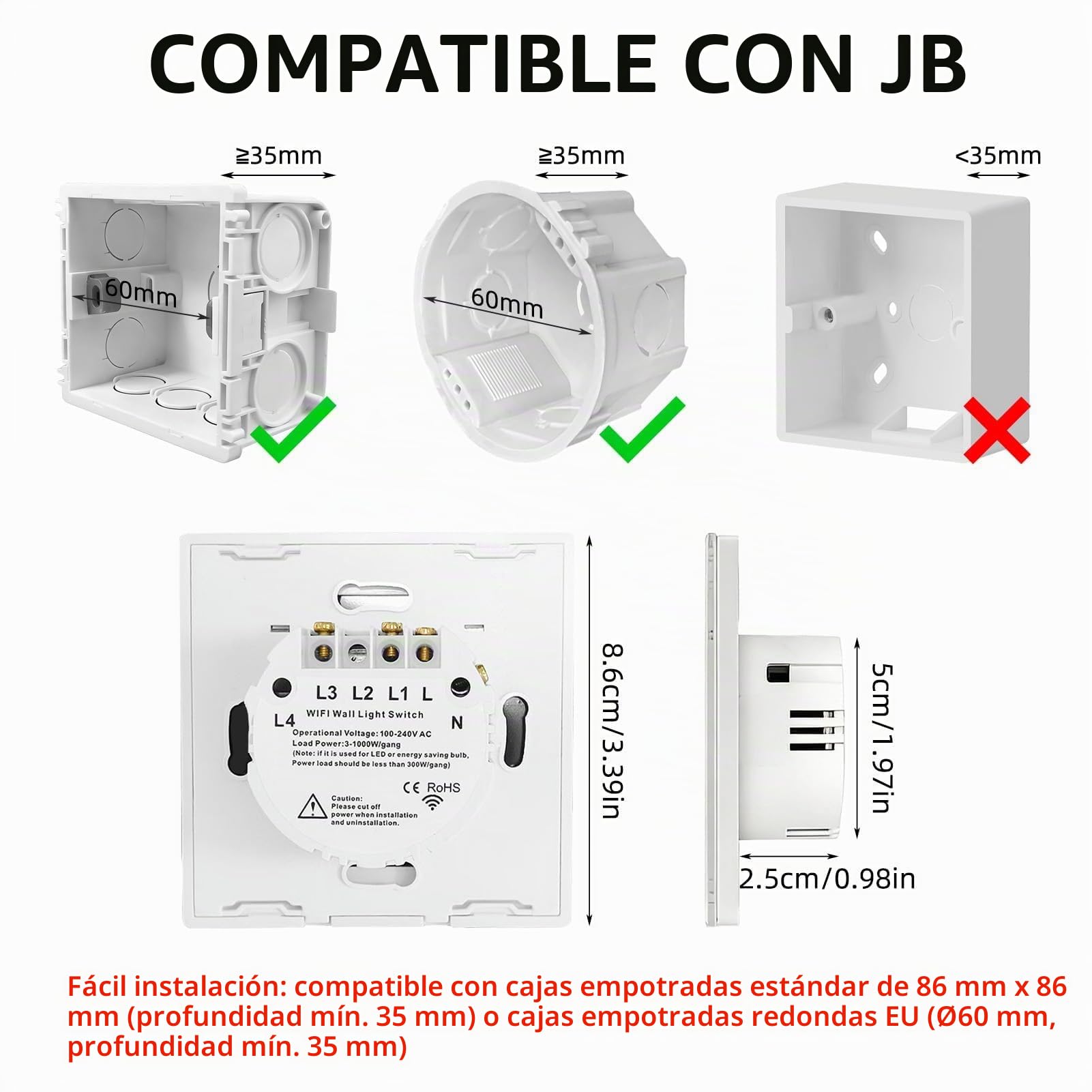 Interruptor Inteligente WIFI Interruptor Tactil luz pared 1 Gang Interruptor Pared WIFI Compatible con Alexa,Tuya y Smart Life Smart, Interruptor Lampara Smart Interruptor Lampara Pared Tactil Vidrio