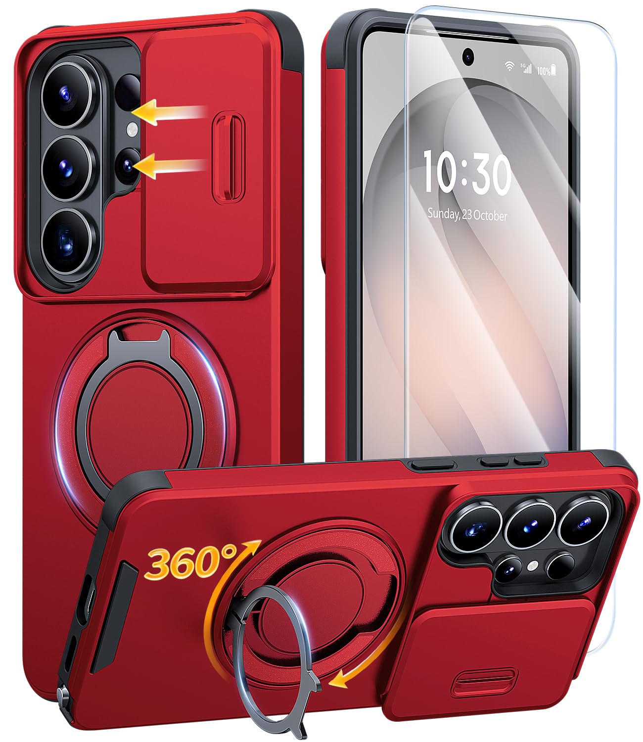 Photo 1 of JAME for Samsung Galaxy S26 Ultra Case, Ring Holder Stand Kickstand, Slide Camera Cover with Screen Protector, Dual-Layer Shockproof Protective Magnetic Accessory Friendly S26 Ultra Phone Case, Red