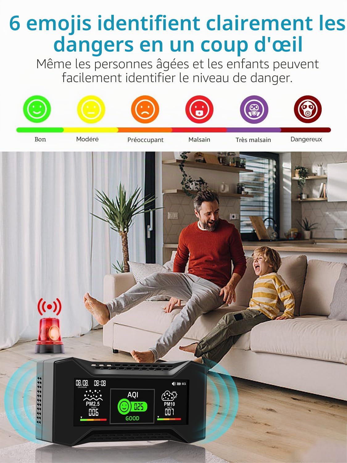 Upgraded CF-20 Moniteur de qualité de l'air Professionnel 10 en 1, capteur co2 et PM2.5, alertes intelligentes de l'AQI, qualité de l'air intérieur Rechargeable pour Une Utilisation au Bureau