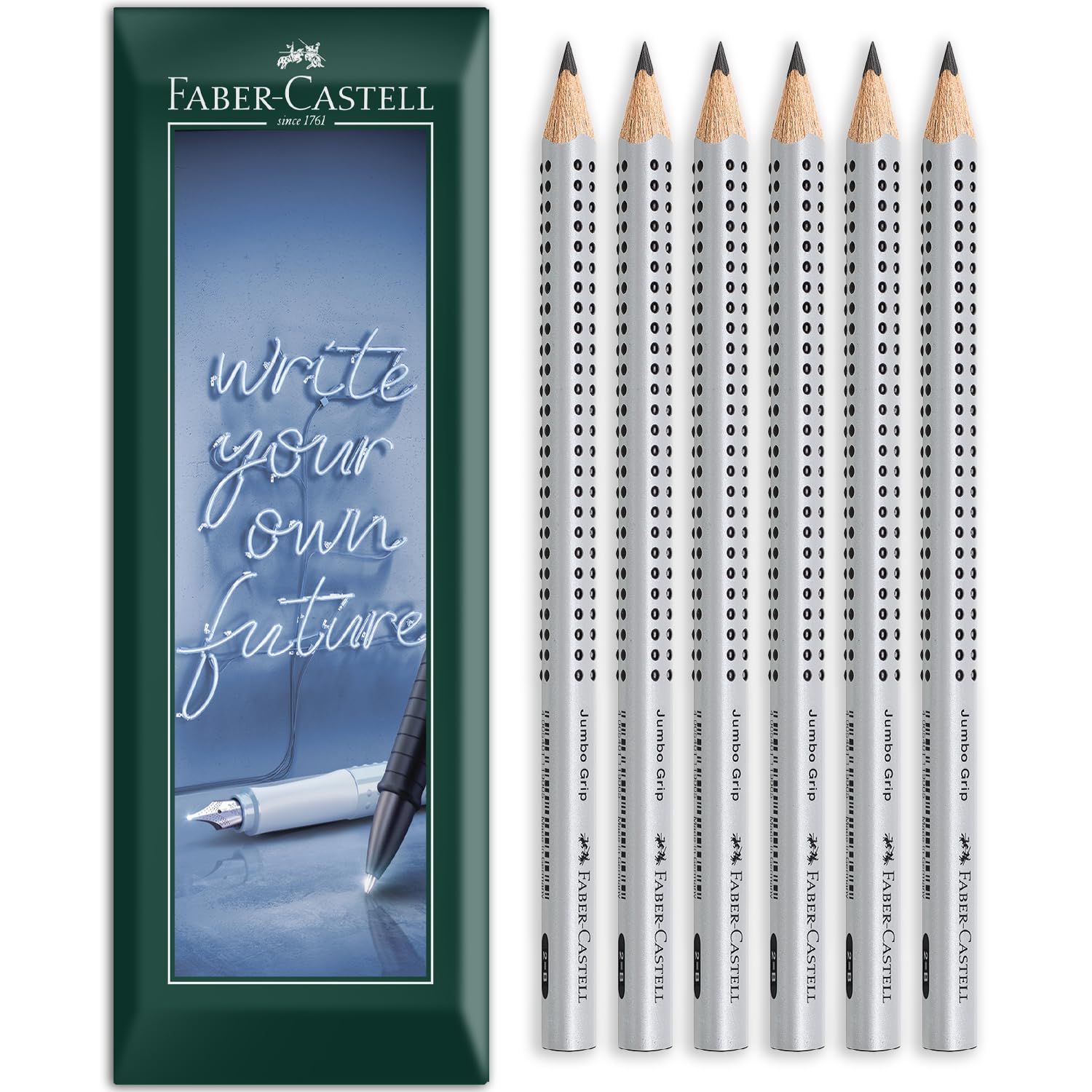 Faber-Castell Jumbo Grip Triangular Graphite Pencil - Silver Barrel - Envelope Gift Pack of 6 Pencils (B Lead Grade)