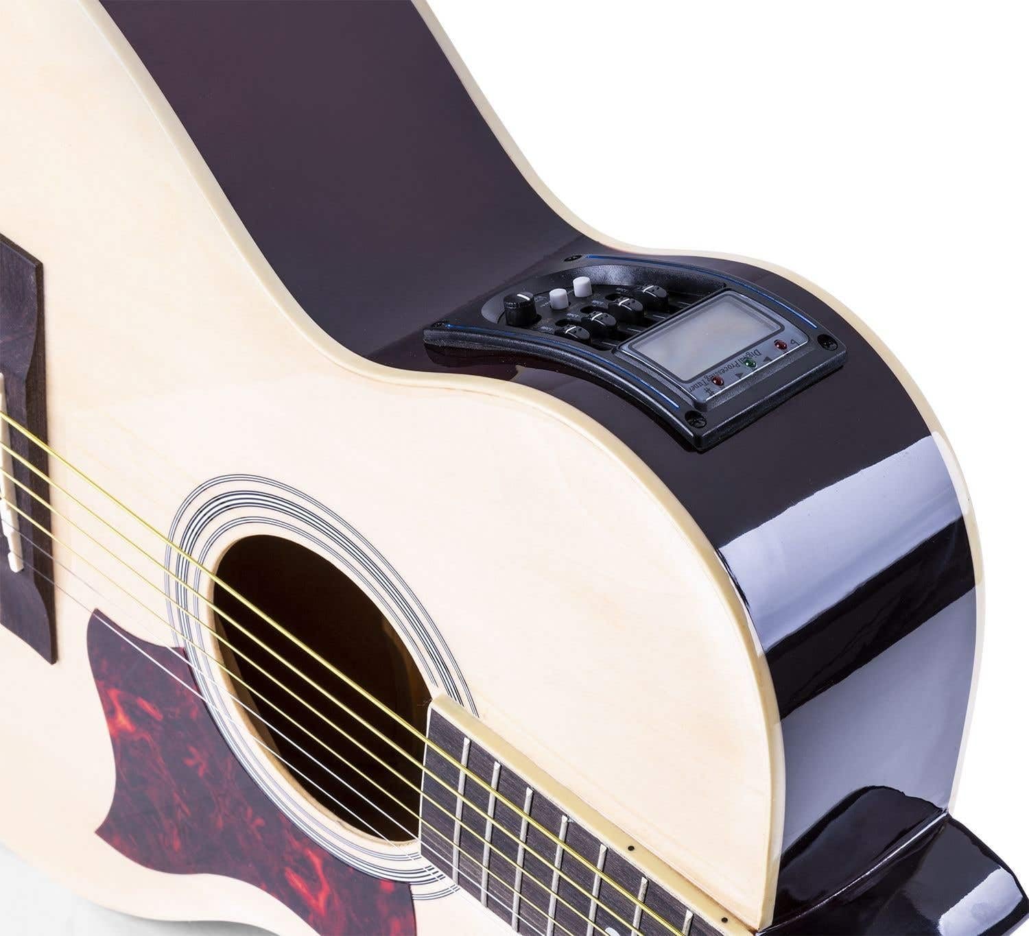MAX ShowKit Elektrische Akustikgitarre, Akustische E-Gitarre Set - Gitarrenverstärker 40 Watt, Gitarrenständer, Gitarren-Stimmgerät, Gitarrentasche und Plektrum - Natur