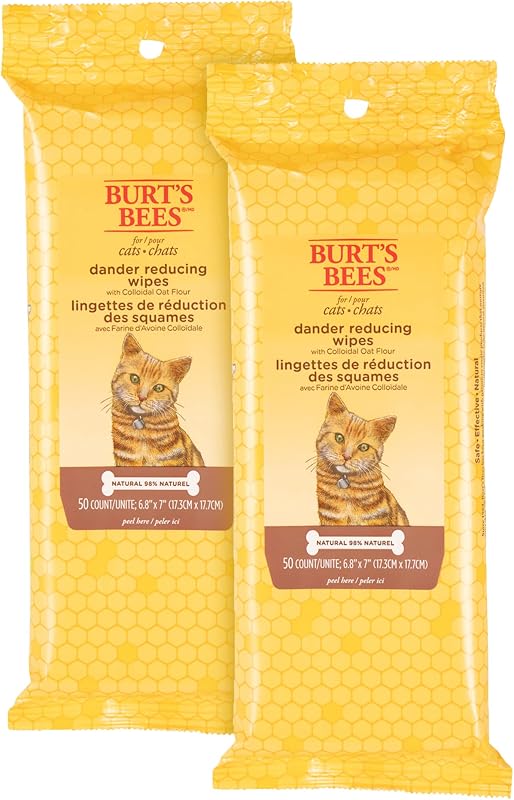 Burts Bees for Pets Toallitas eliminadoras de caspa de gato, sin perfume, 50 unidades, paquete de 2 | La harina de avena coloidal y el aloe calman la piel seca y reducen la descamación, un cuidado suave para gatos y gatitos