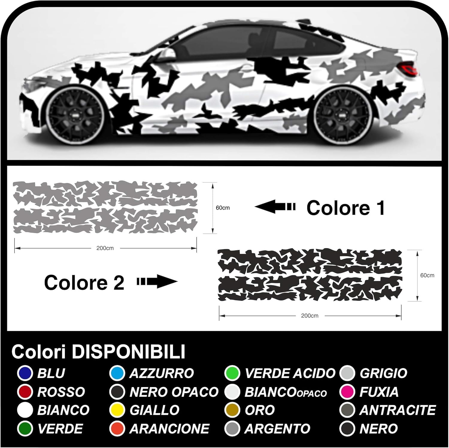 Adesivi mimetici per auto suv e fuoristrada kit grafico auto US ARMY mimetico Sticker decals tuning (VERDE E NERO)