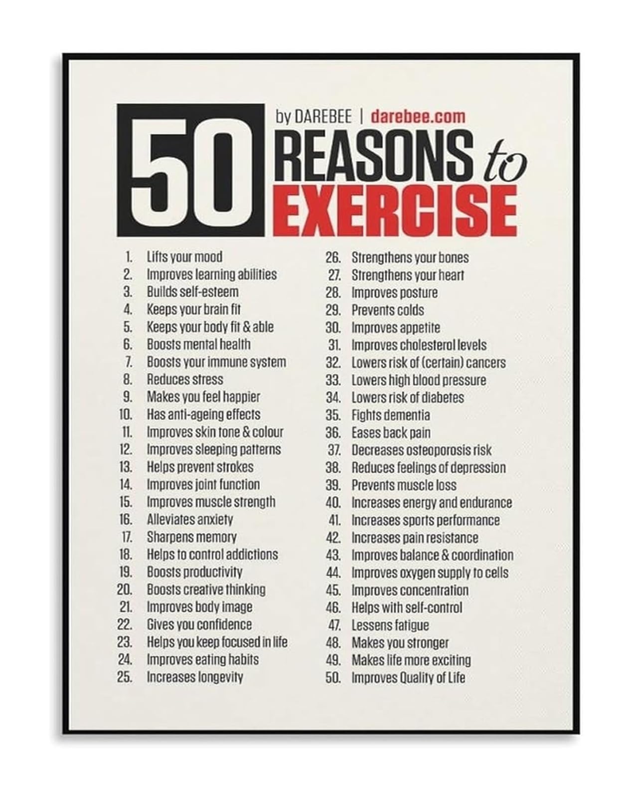 FNYUVNFAF Exercise Motivation Poster 50 Reasons to Workout Canvas Wall-Art for Fitness Studio Home Decor Framed,16x24inch(40x60cm)