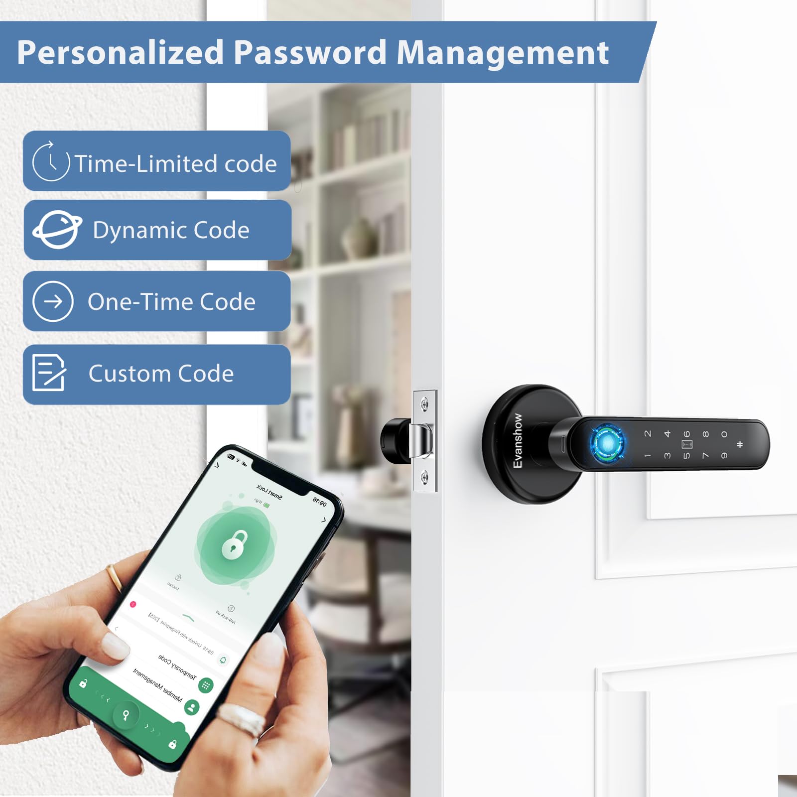 Evanshow Fingerprint Door Lock Biometric Door Knob with Keypad Keyless Entry, 5-in-1 Door Locks for Bedrooms(Fingerprint/App/Code/Key/IC Card), Home Hotel Office Apartment