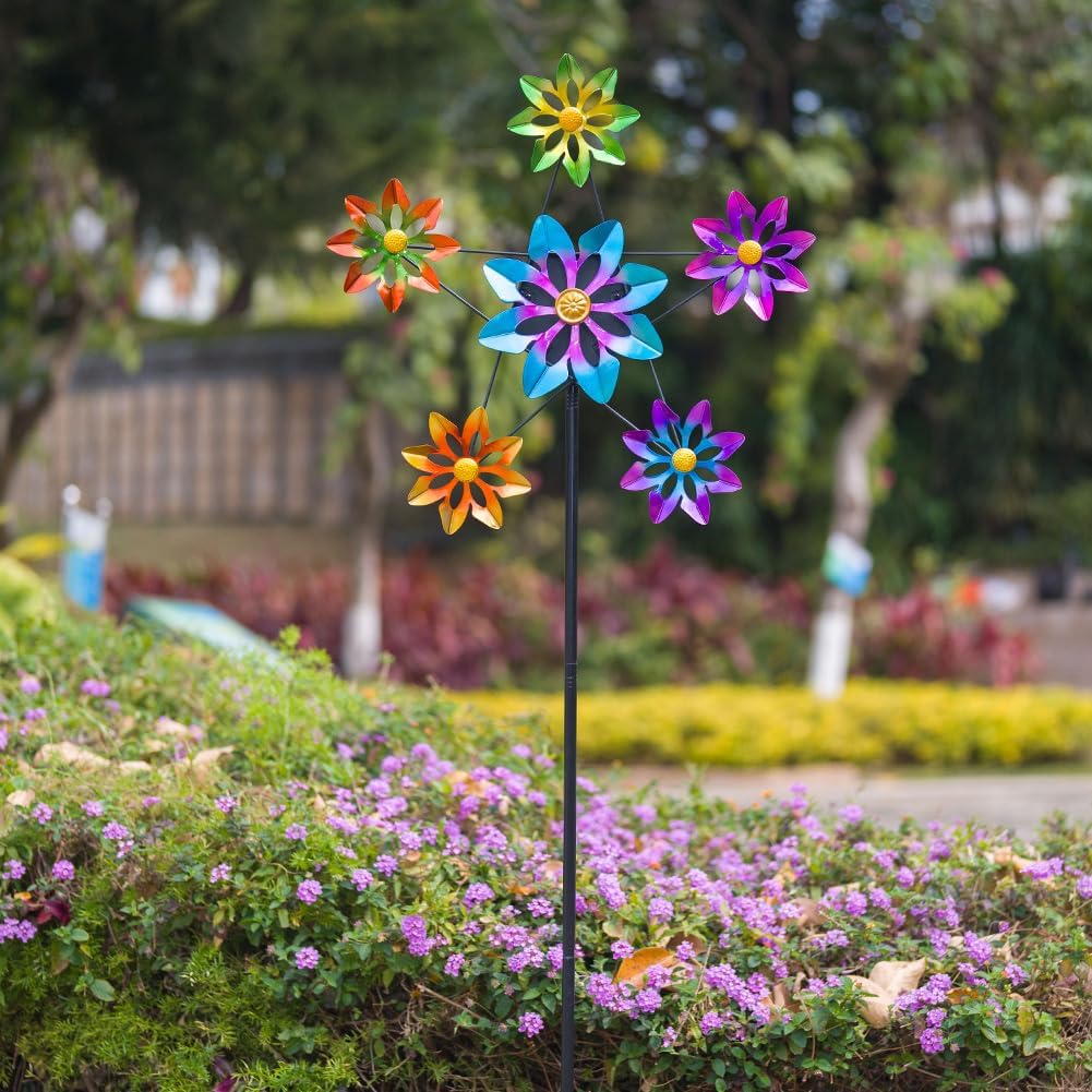 Stargarden Outdoor Kinetic Wind Spinner -24.4" D*74" H Large Metal Wind Sculpture, Flower Metal Wind Spinners for Garden Yard Patio