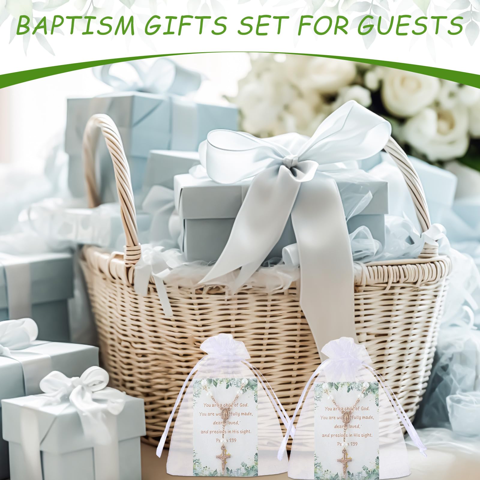 Quelay 50 Sets Taufgeschenke-Set, Mini-Rosenkränze, Tauf-Rosenkranz, Perlen, Kunstperlen mit Kreuz, Psalm-Karten und Organza-Beuteln, elfenbeinfarben, Tauf-Rosenkränze, Grußkarten für Babyparty,