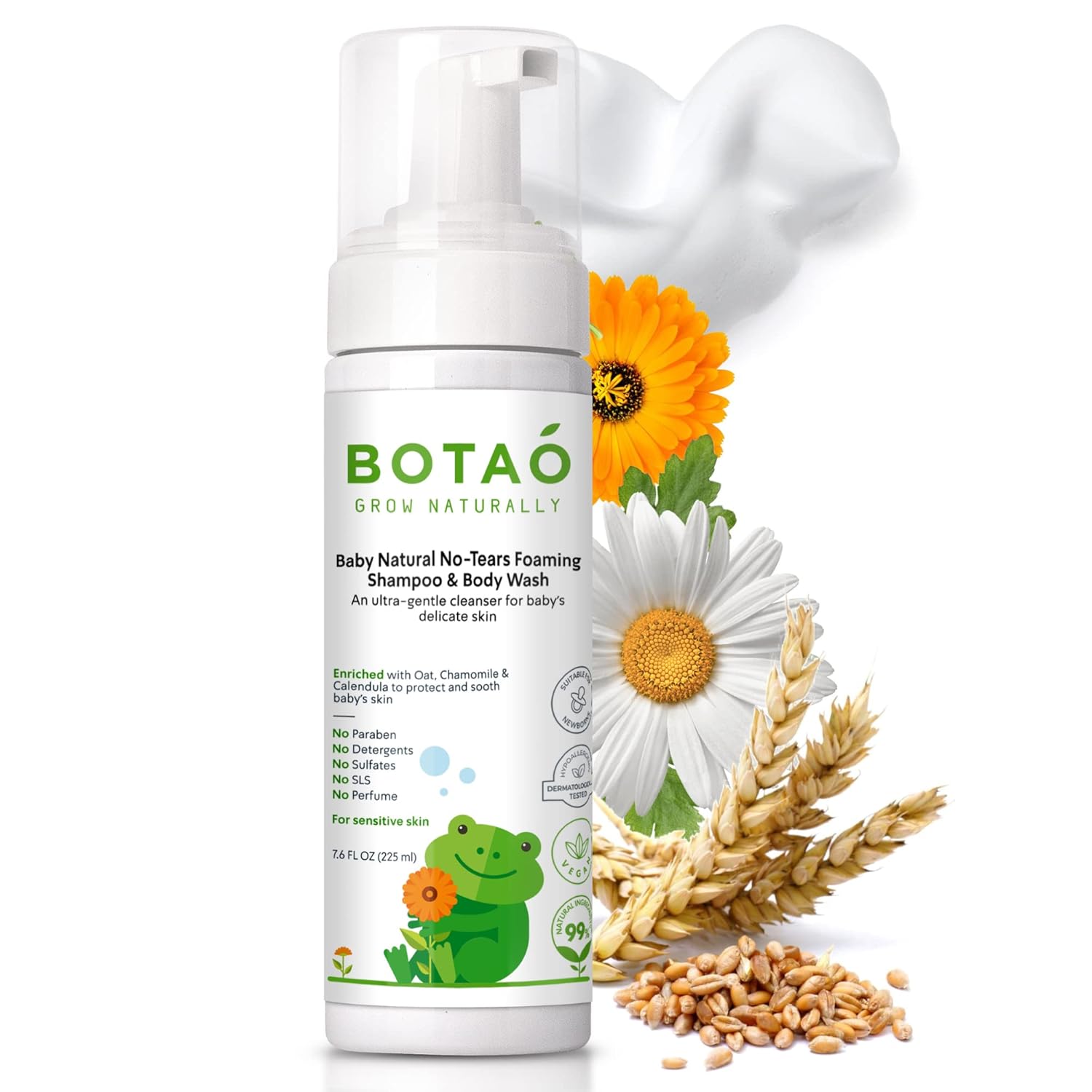 BOTAO Baby Sensitive Tear Free Foaming natural Shampoo & Body Wash – Fragrance Free 99% Natural Ingredients Ultra Gentle Vegan Baby Shampoo & Body Wash